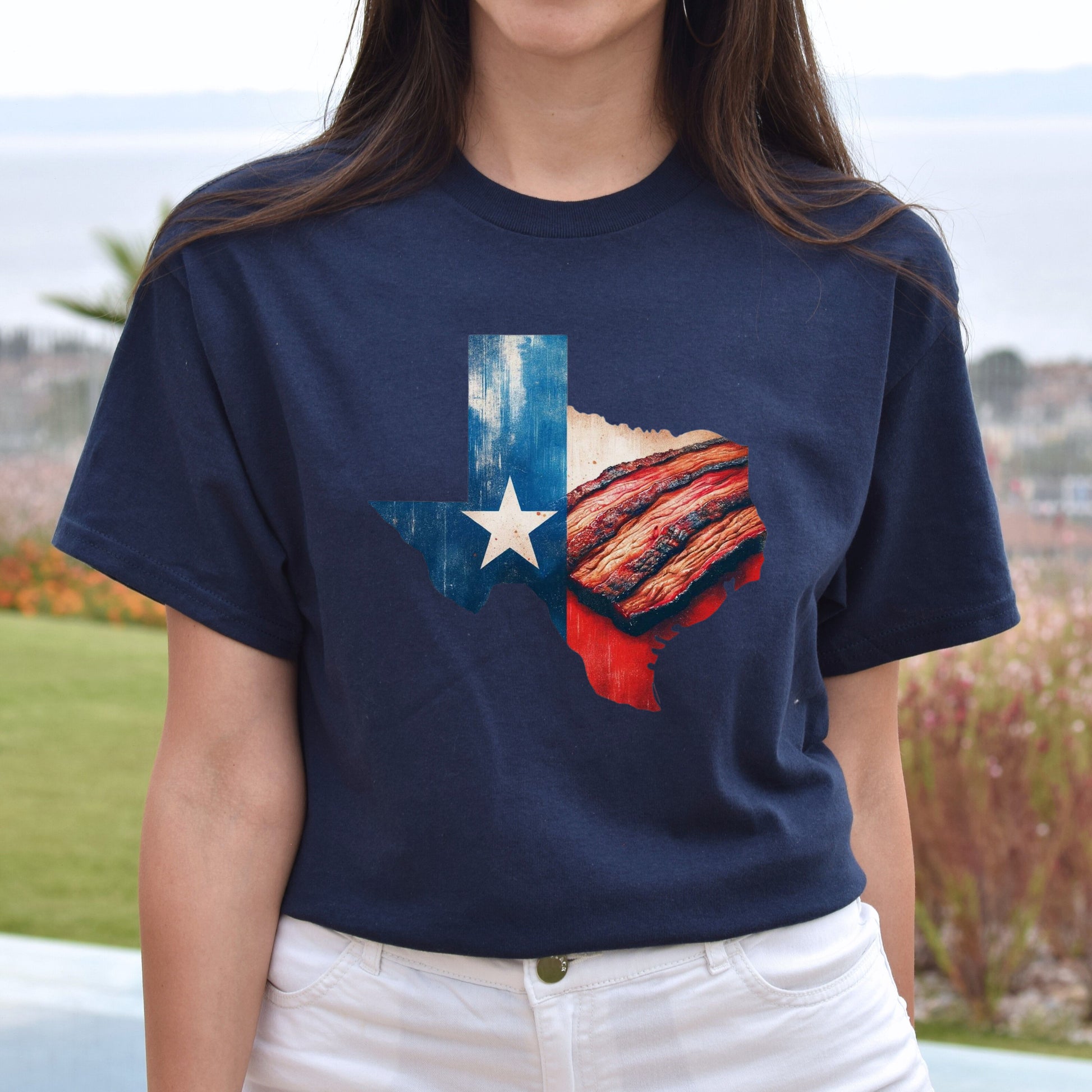 Texas state flag Barbeque Unisex T-shirt Texas beacon tee Black Navy Dark Heather-Navy-Family-Gift-Planet