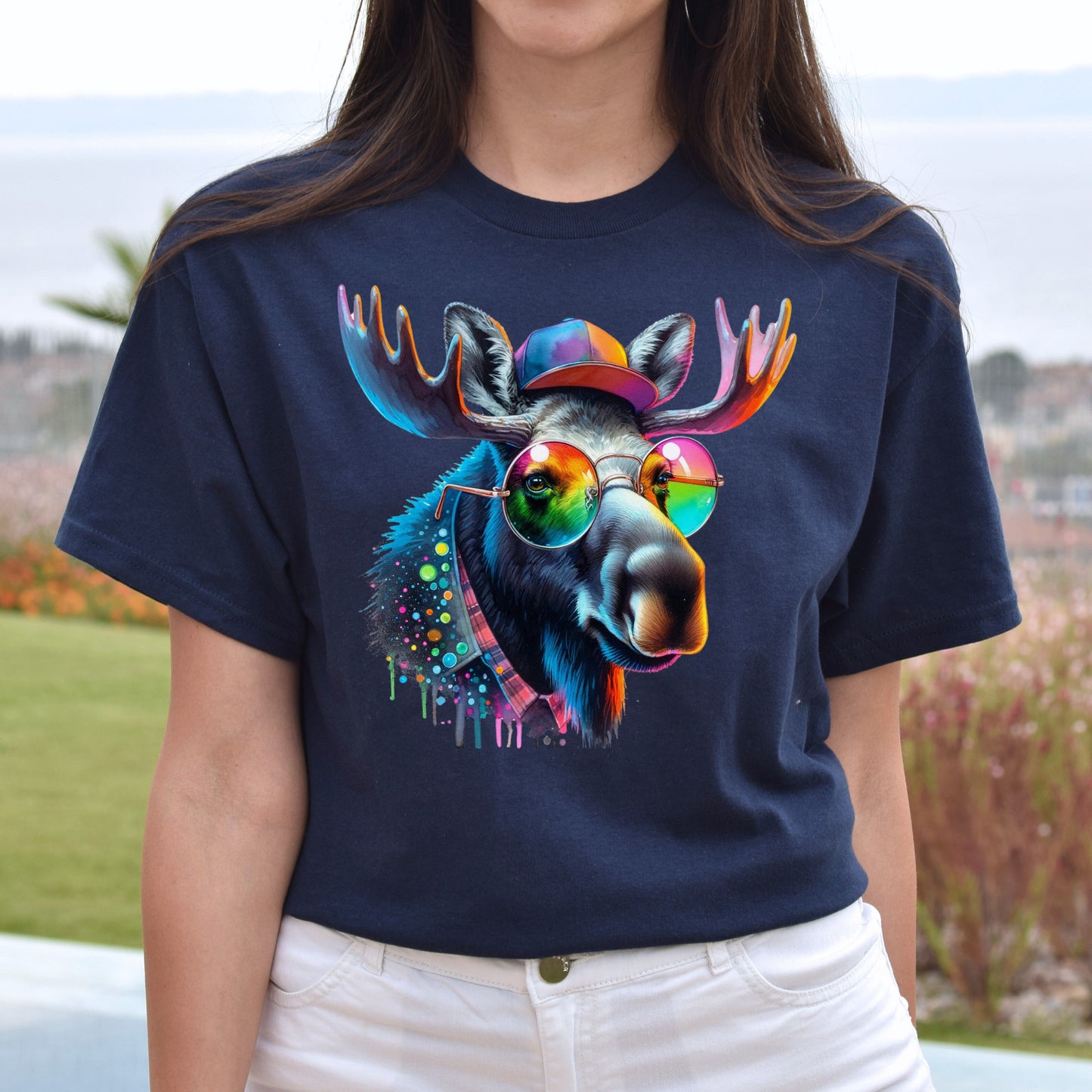 Moose Color Splash Unisex T-Shirt Cool Canadian moose Black Navy Dark Heather-Navy-Family-Gift-Planet