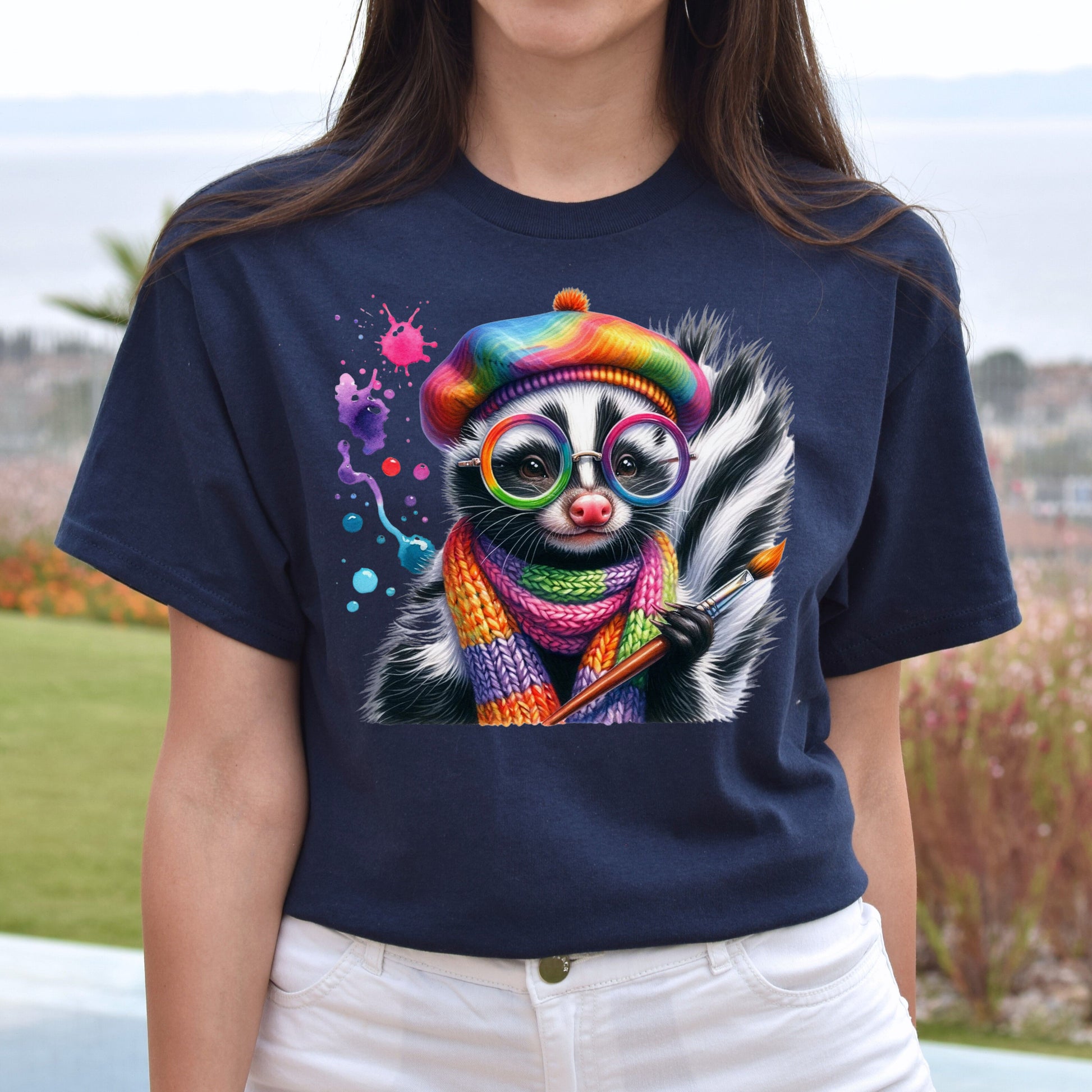 Skunk Artist Color Splash Unisex T-Shirt Art teacher tee Black Navy Dark Heather-Navy-Family-Gift-Planet