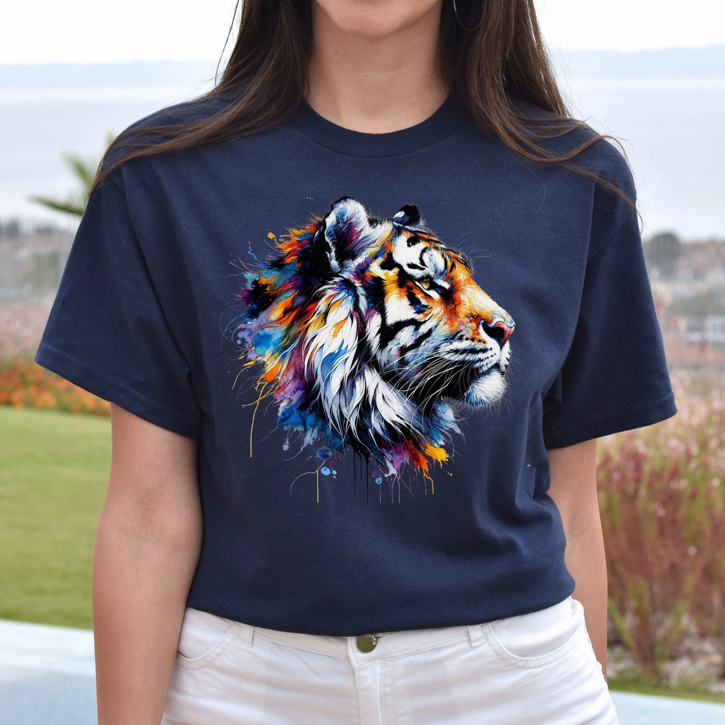 Handdrawn Trendy Tiger Color Splash Unisex T-shirt Black Navy Dark Heather-Navy-Family-Gift-Planet