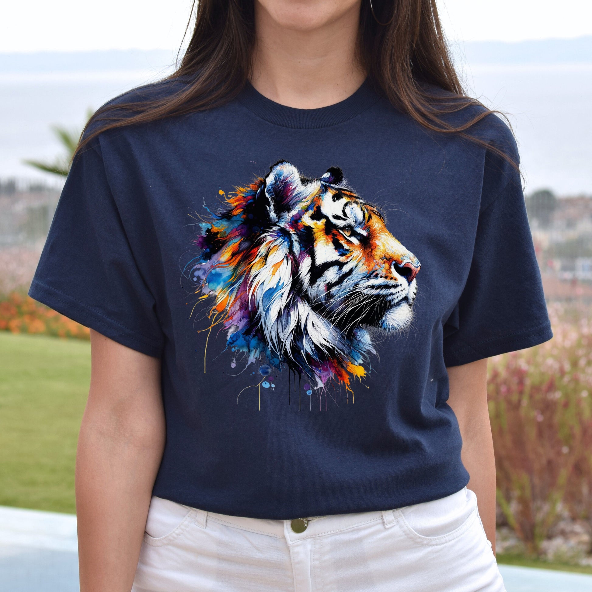 Handdrawn Trendy Tiger Color Splash Unisex T-shirt Black Navy Dark Heather-Navy-Family-Gift-Planet