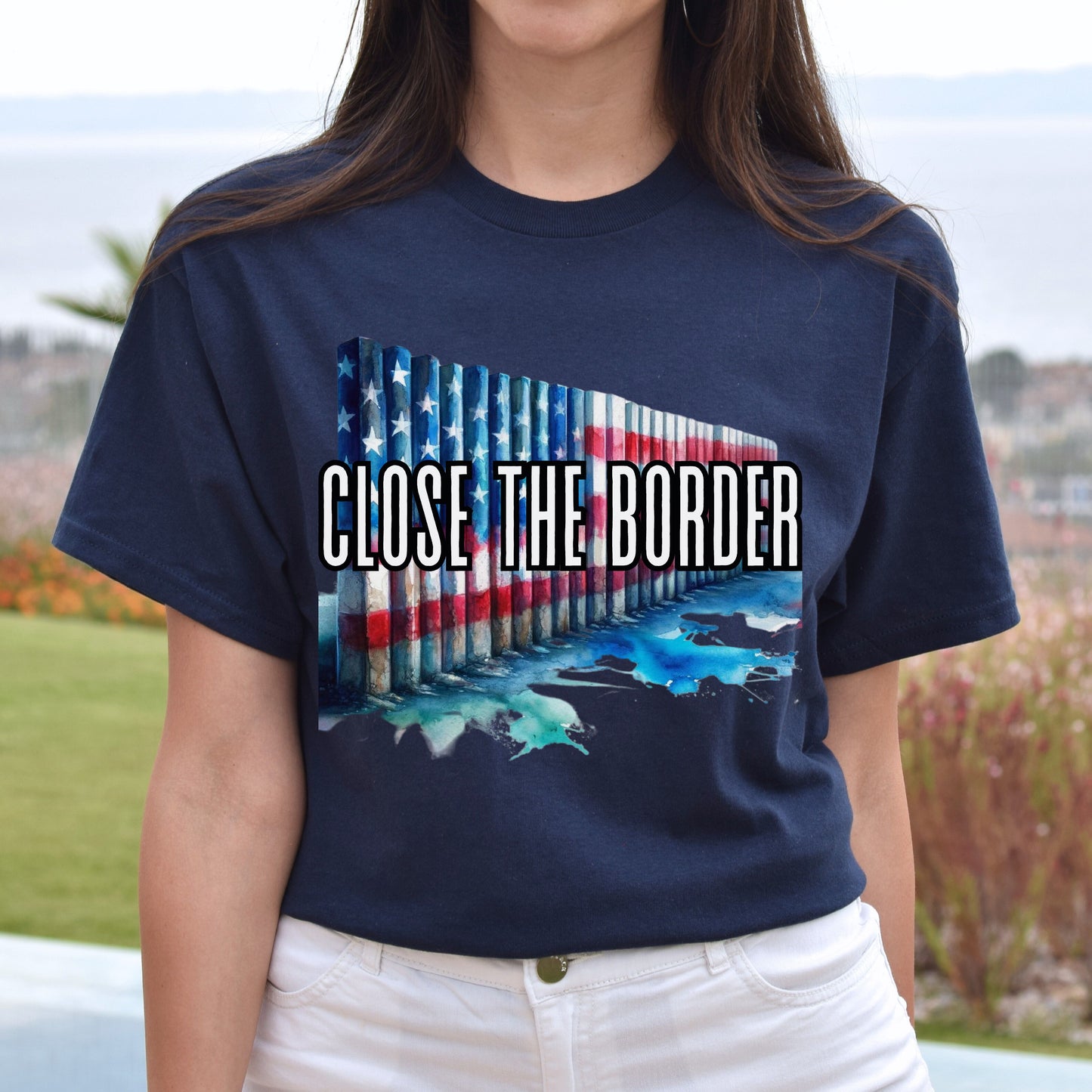 Texas support Close the border Unisex T-shirt US flag border tee Black Navy Dark Heather-Navy-Family-Gift-Planet