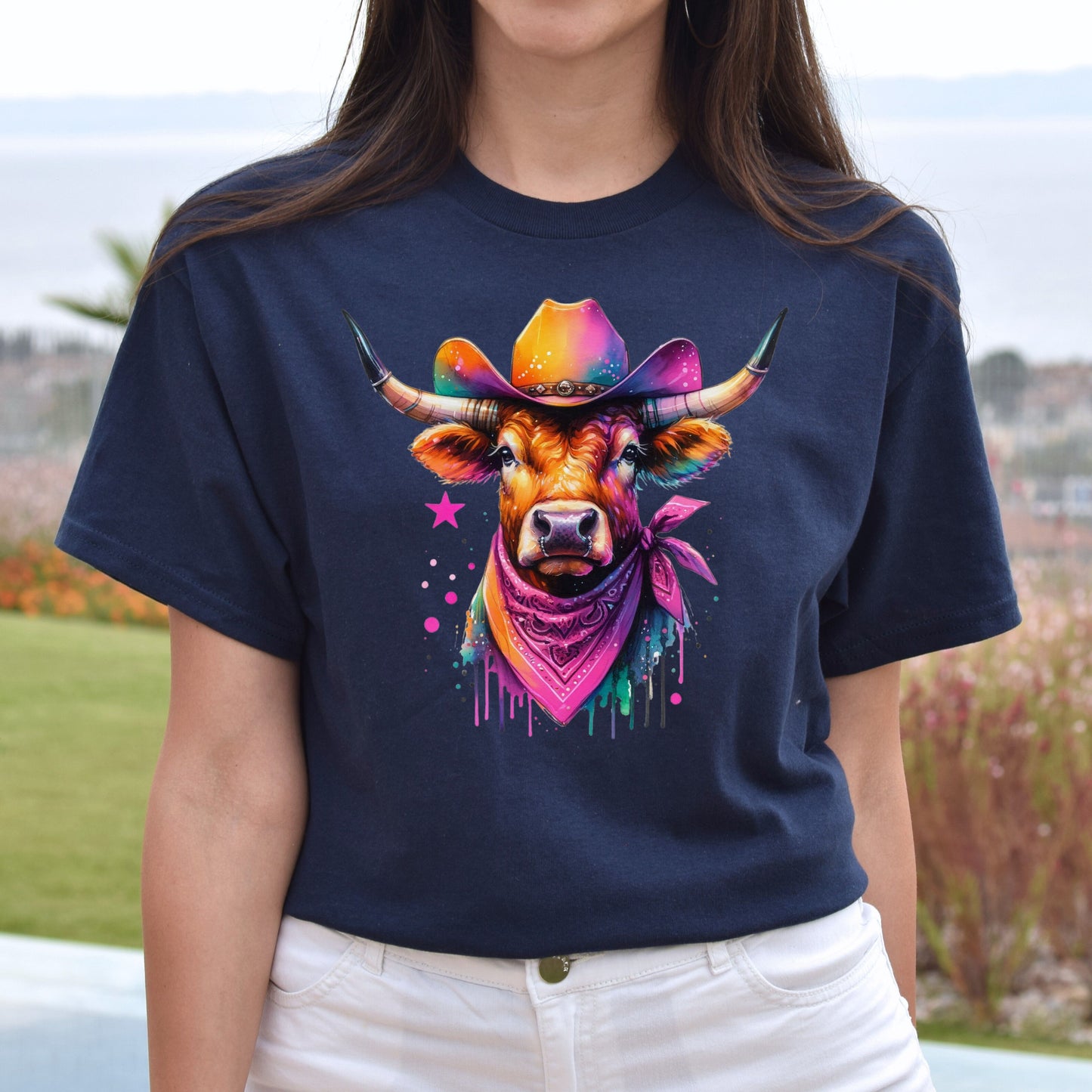 Texas Longhorn Color Splash Unisex T-Shirt pink Texas girl tee Black Navy Dark Heather-Navy-Family-Gift-Planet