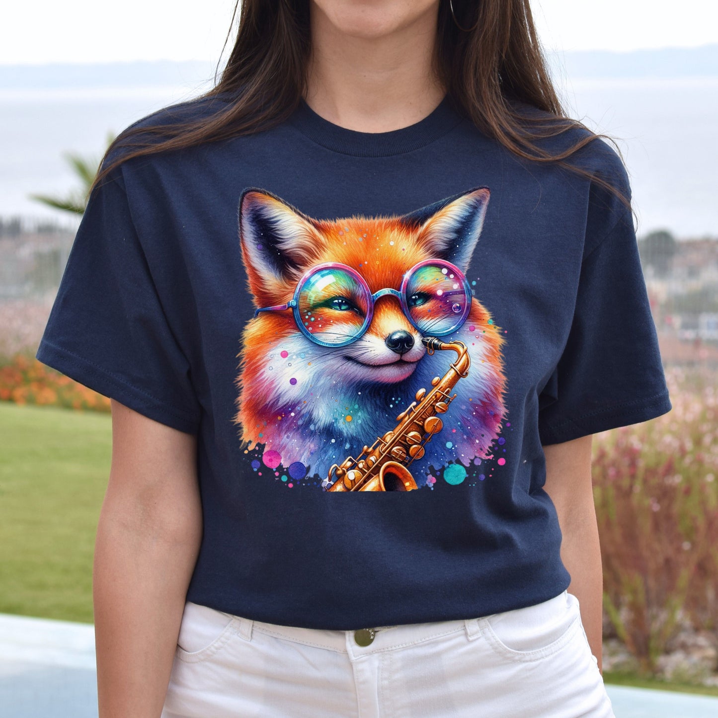 Saxophonist fox Color splash Unisex T-Shirt cool sax fox tee Black Navy Dark Heather-Navy-Family-Gift-Planet