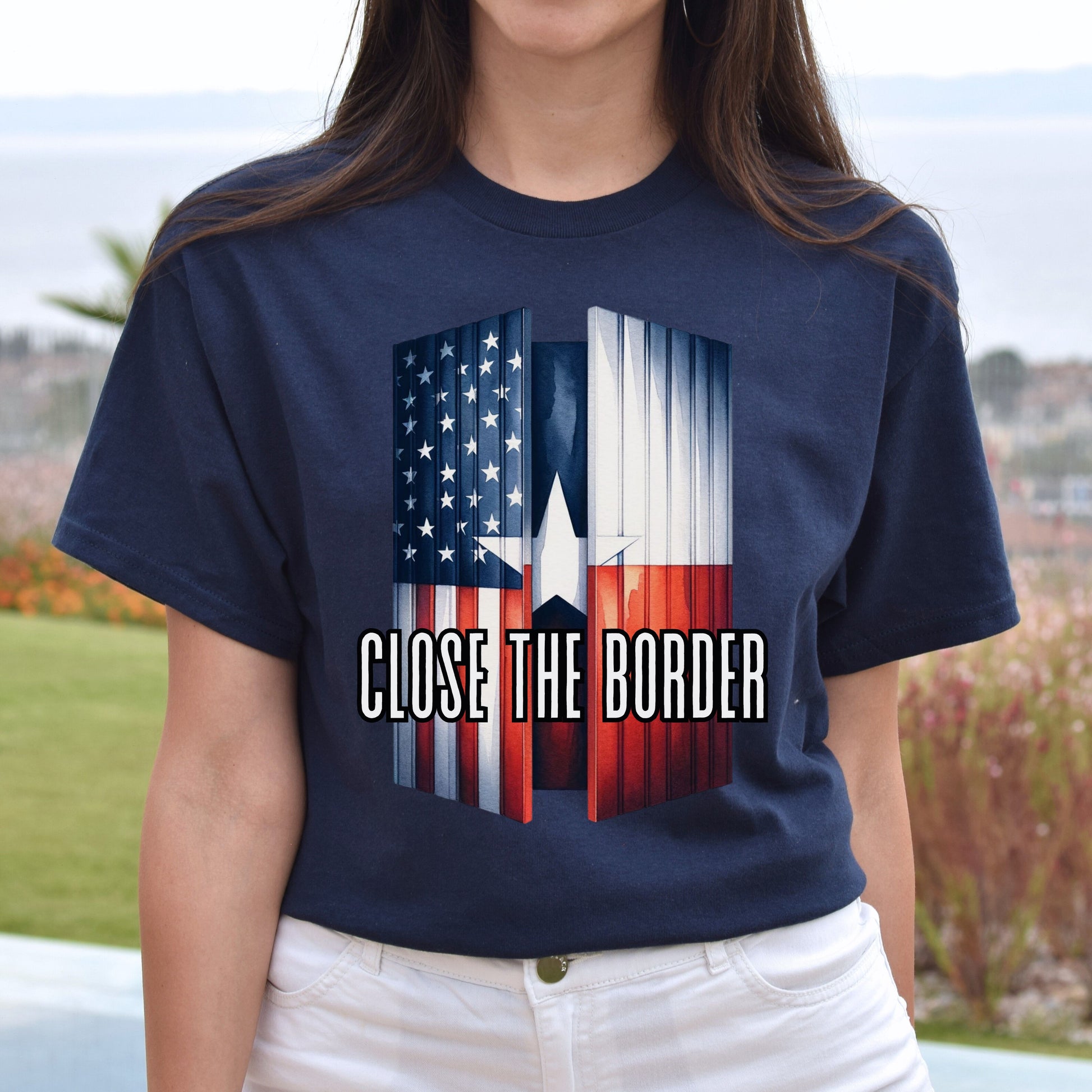Texas Close the border Unisex T-shirt US flag Texas flag tee Black Navy Dark Heather-Navy-Family-Gift-Planet