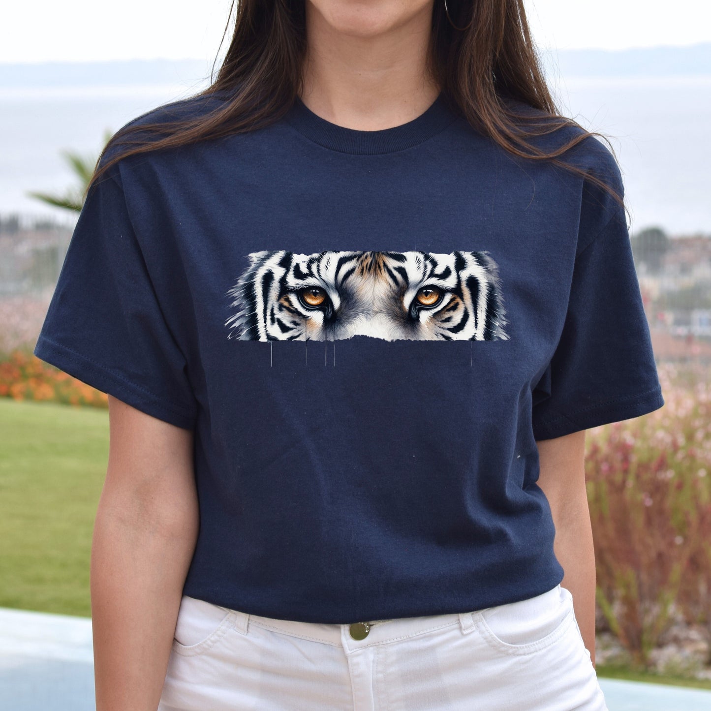 White Tiger Eyes Unisex T-shirt Black Navy Dark Heather-Navy-Family-Gift-Planet