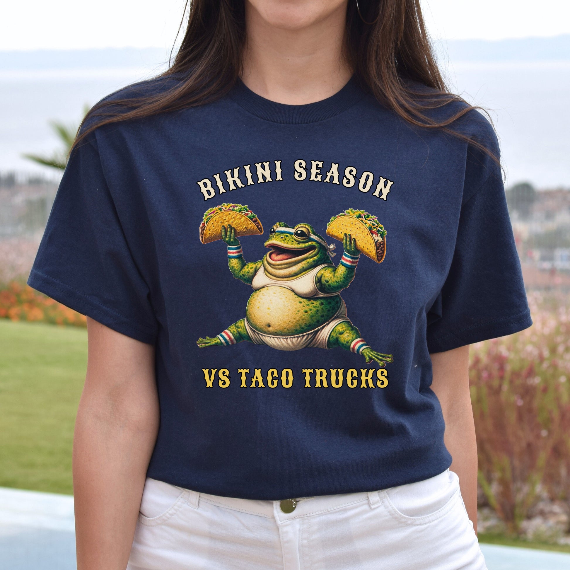 Bikini season vs Taco trucks funny Texas Unisex T-shirt Black Navy Dark Heather-Navy-Family-Gift-Planet
