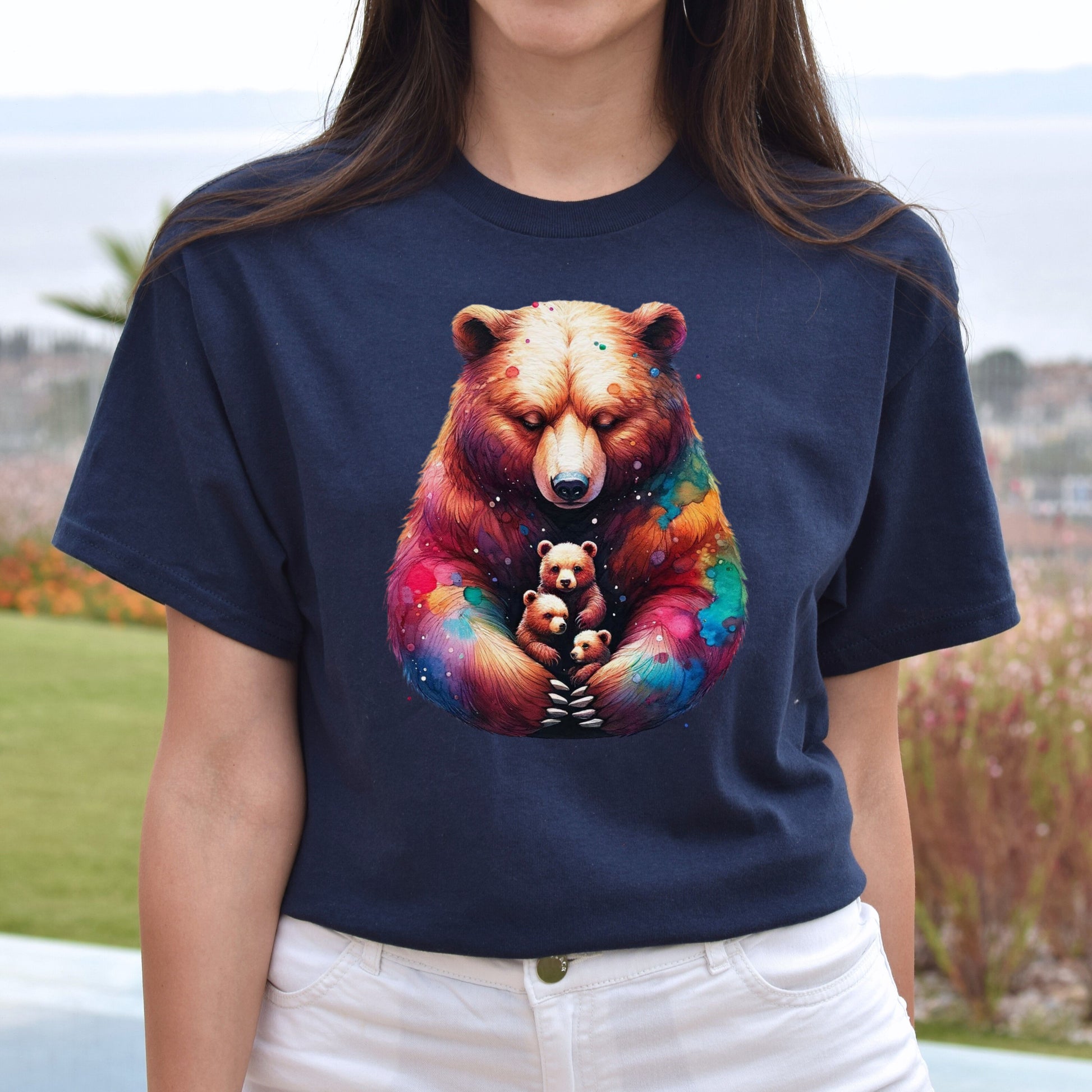 Mama Bear Mom of three Color Splash Unisex T-shirt Black Navy Dark Heather-Navy-Family-Gift-Planet