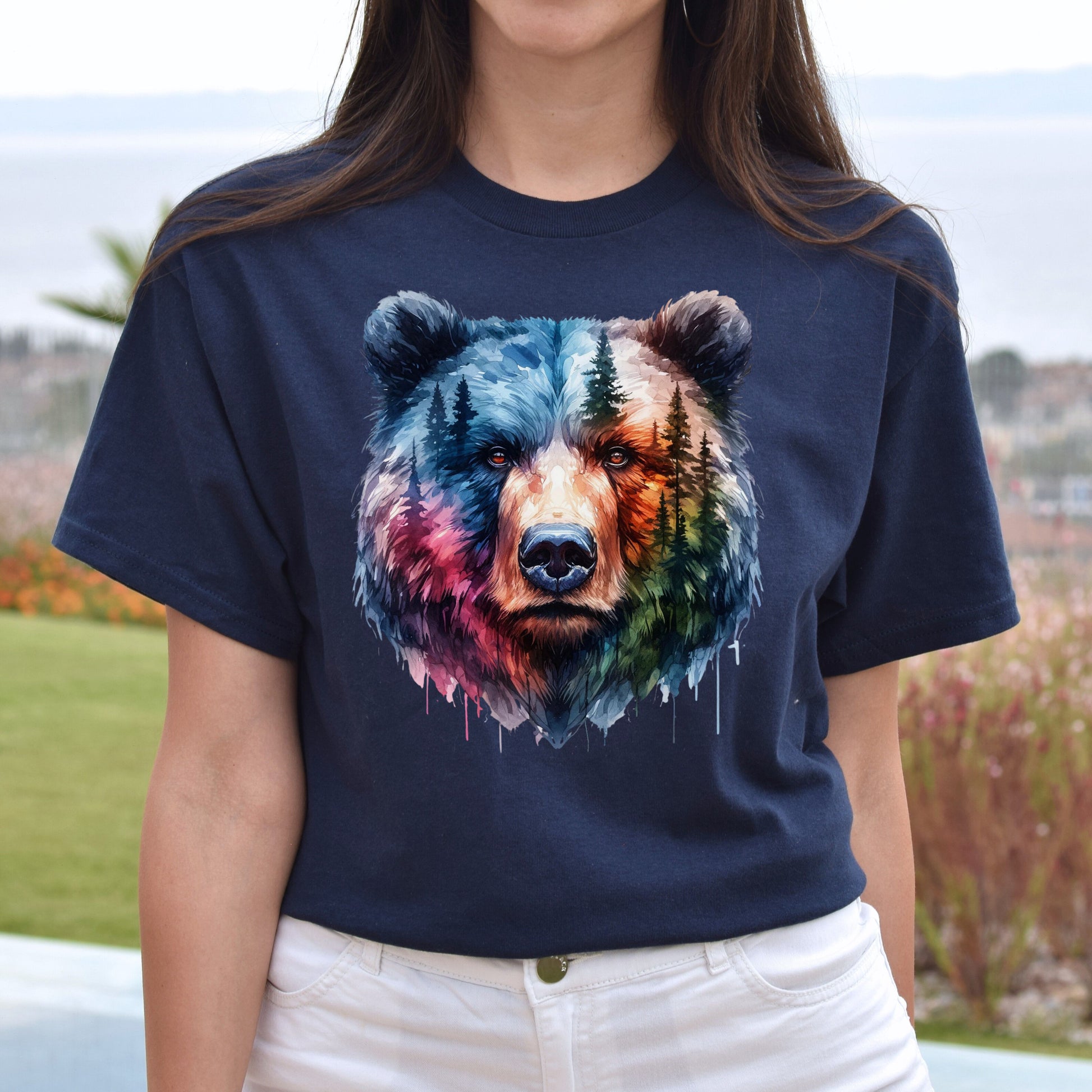 Grizzly and Forest Watercolor Unisex T-shirt Black Navy Dark Heather-Navy-Family-Gift-Planet