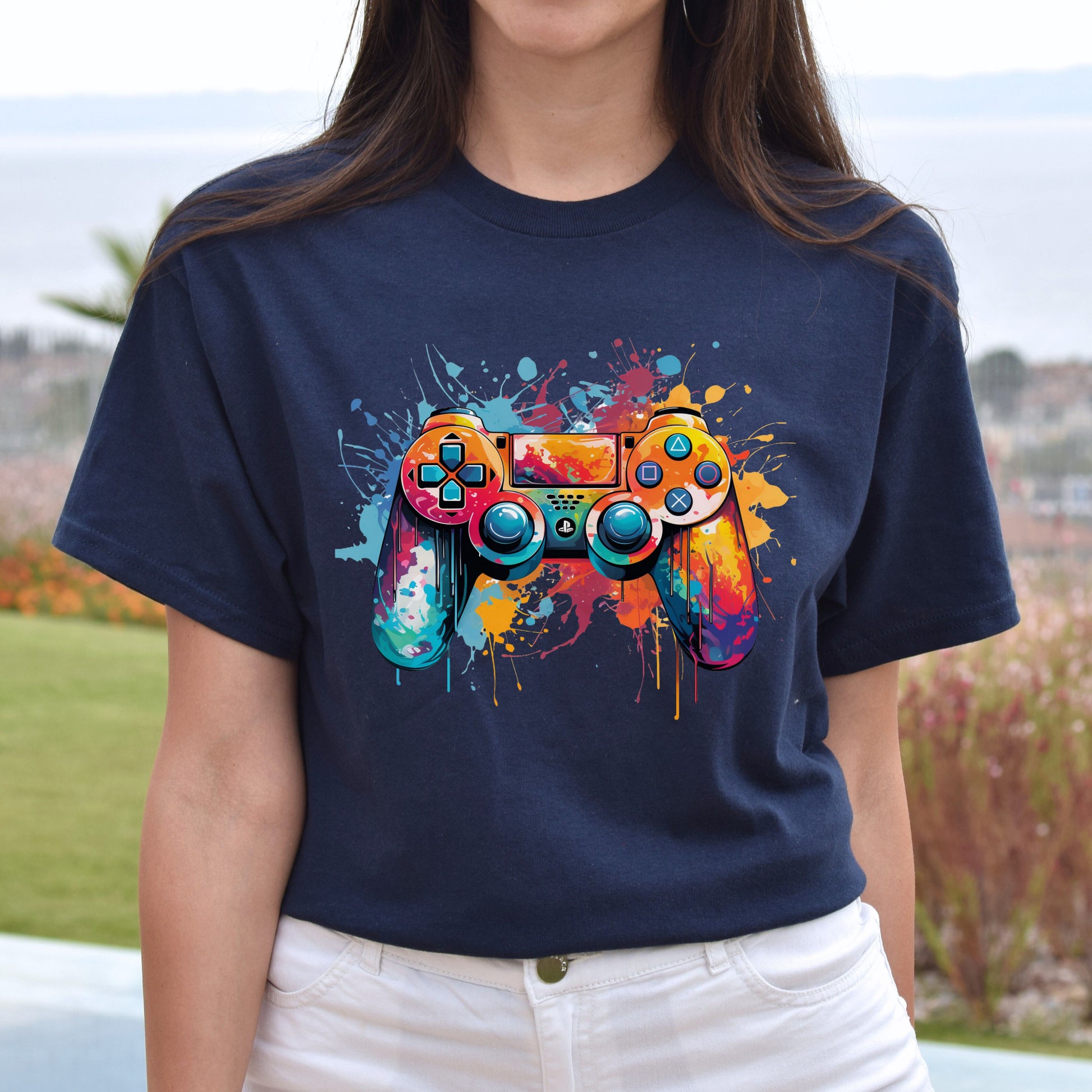 Game console Color Splash Unisex T-shirt gamer tee Black Navy Dark Heather-Navy-Family-Gift-Planet