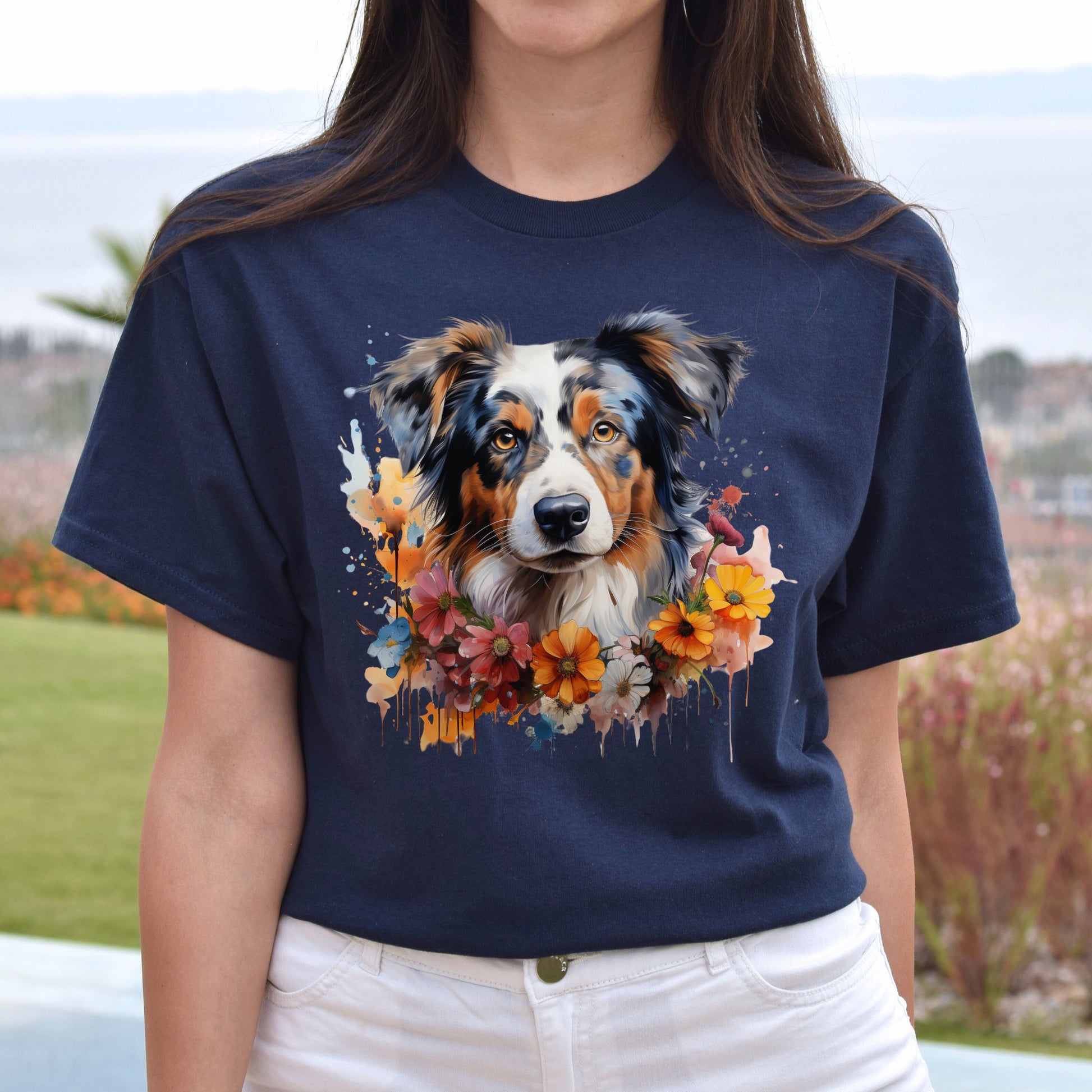 Australian Shepherd floral Color Splash Unisex T-shirt Black Navy Dark Heather-Navy-Family-Gift-Planet