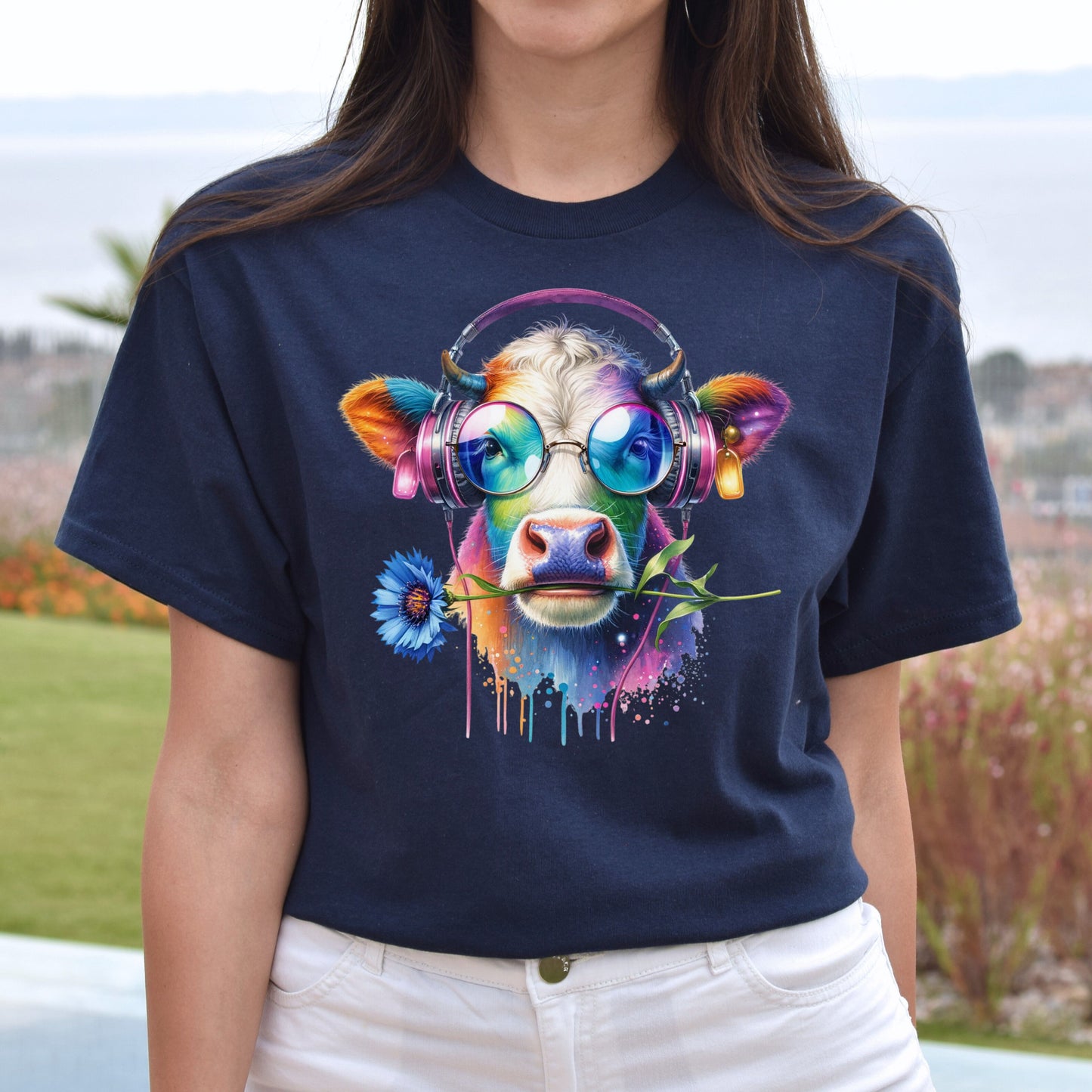 Cow with cornflower Colorful Unisex T-Shirt cattle farm tee Black Navy Dark Heather-Navy-Family-Gift-Planet