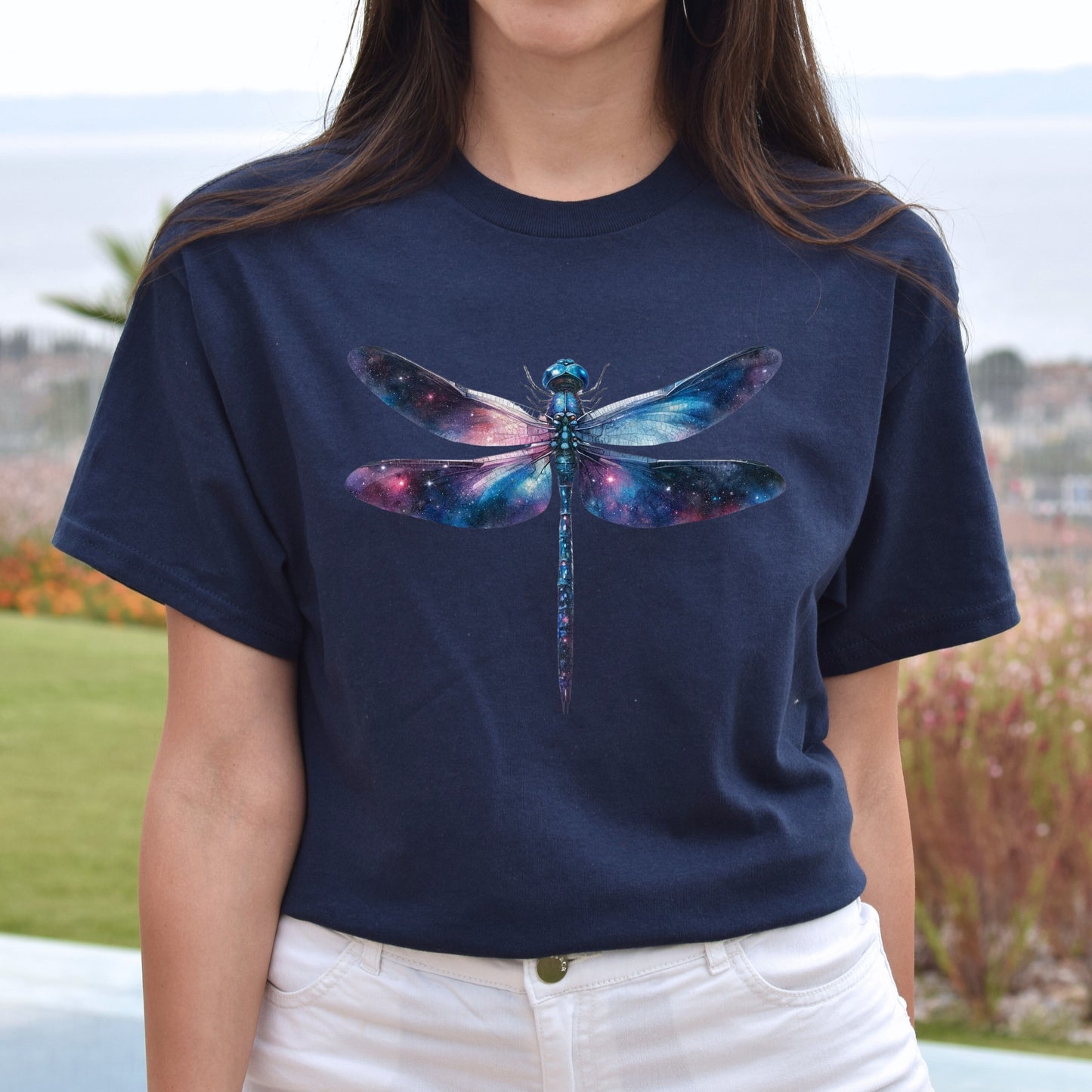 Cosmic Dragonfly Color Splash Unisex T-shirt Black Navy Dark Heather-Navy-Family-Gift-Planet
