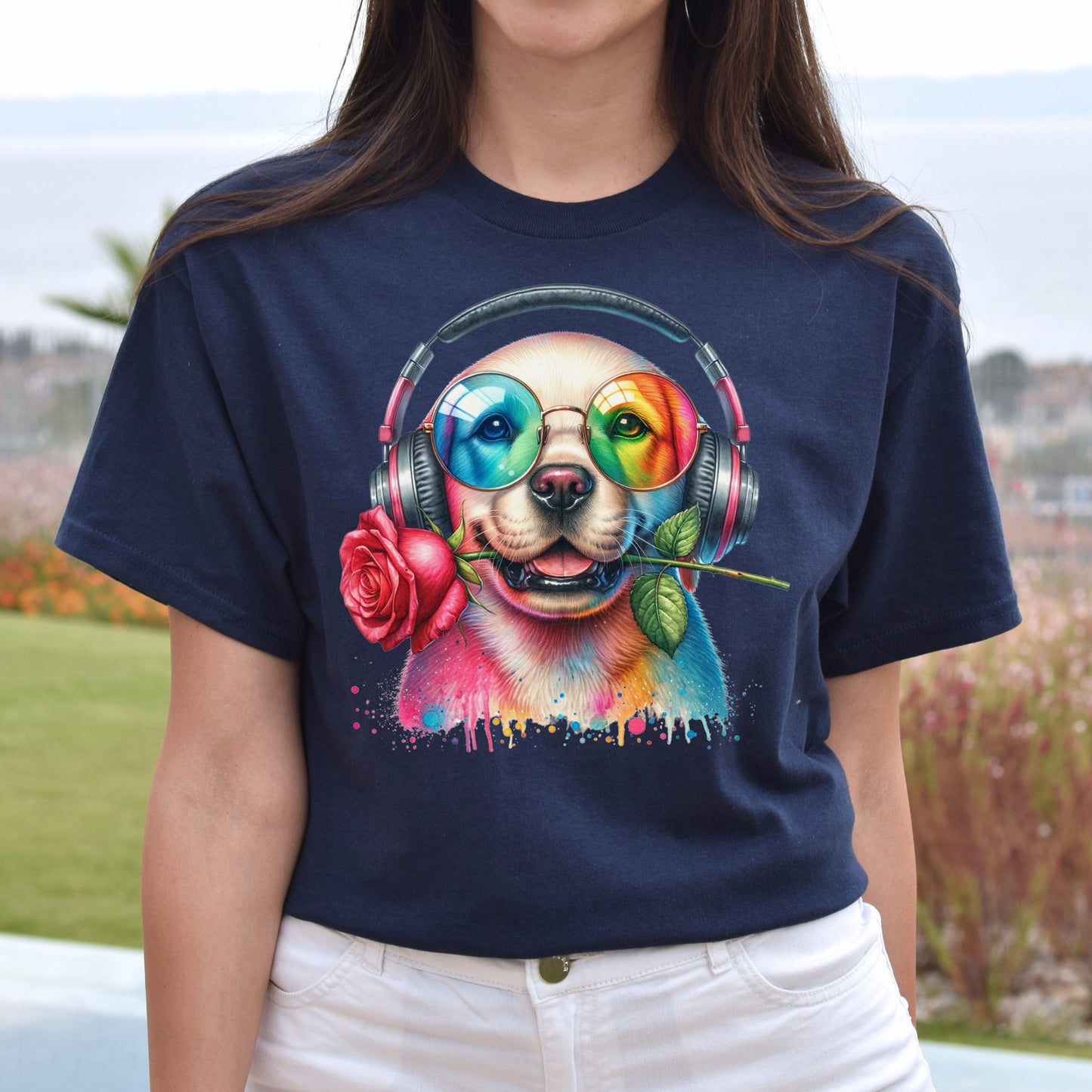 Labrador with Rose Colorful Unisex T-Shirt Cool romantic dog tee Black Navy Dark Heather-Family-Gift-Planet