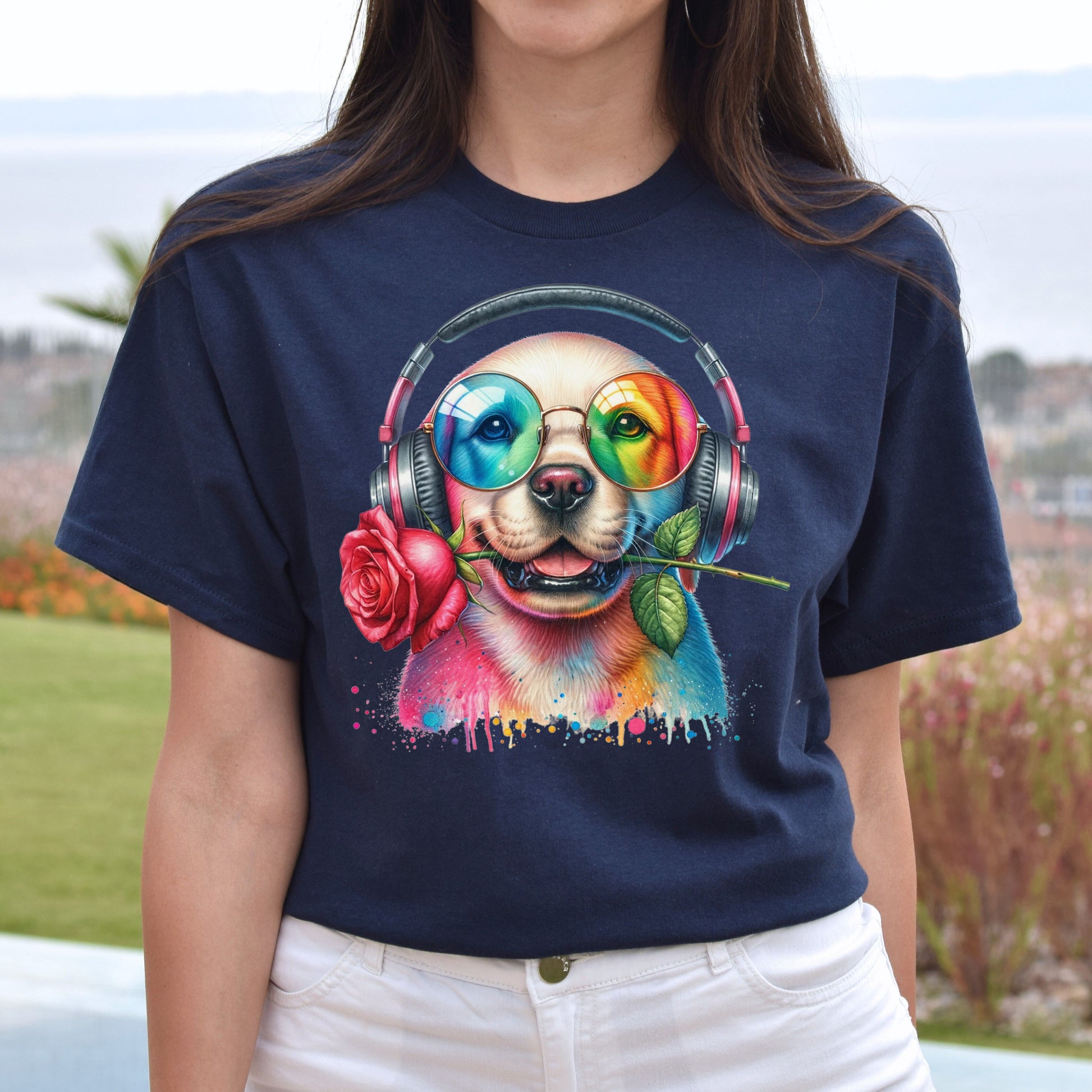 Labrador with Rose Colorful Unisex T-Shirt Cool romantic dog tee Black Navy Dark Heather-Navy-Family-Gift-Planet