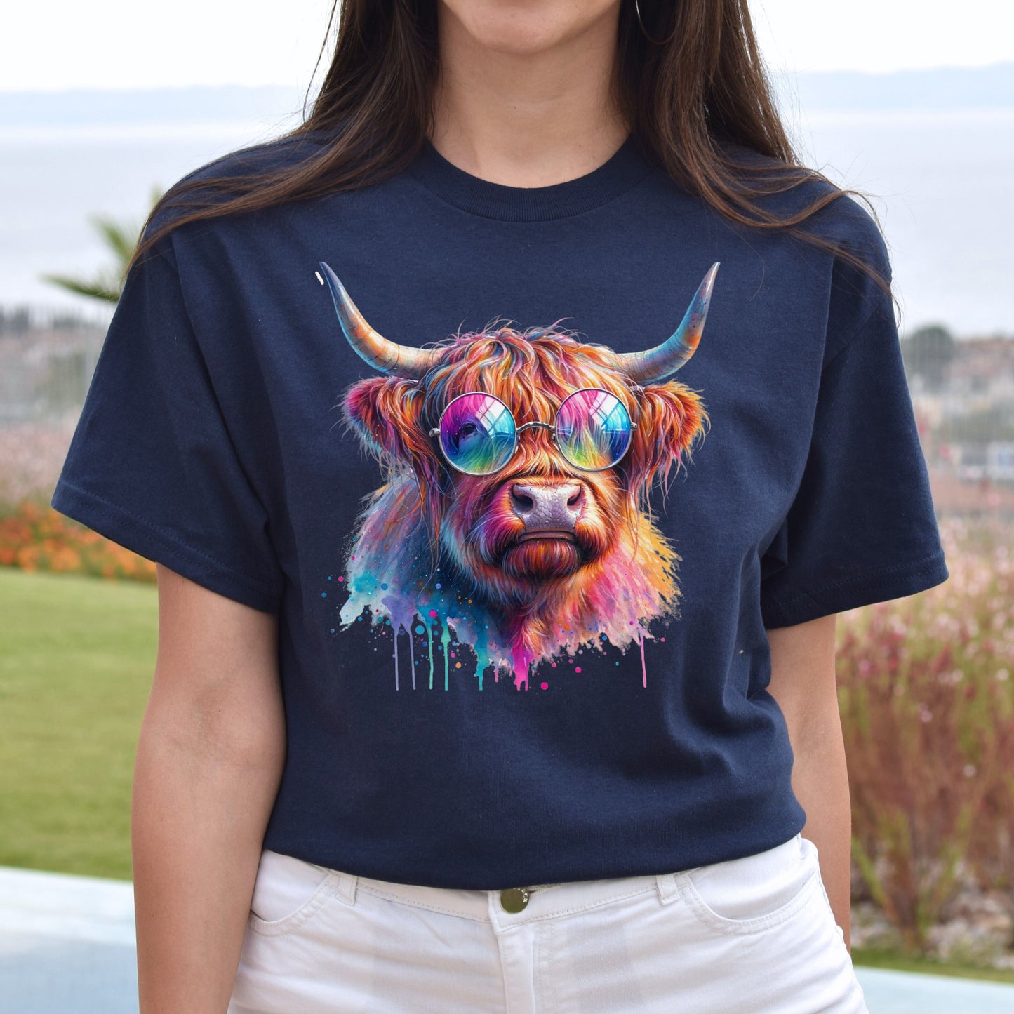 Highland cow Color splash Unisex T-Shirt Cool bull Black Navy Dark Heather-Navy-Family-Gift-Planet