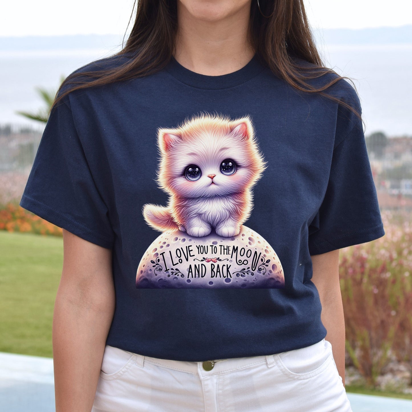 I love you to the moon in back cute kitten Unisex T-shirt Black Navy Dark Heather-Navy-Family-Gift-Planet
