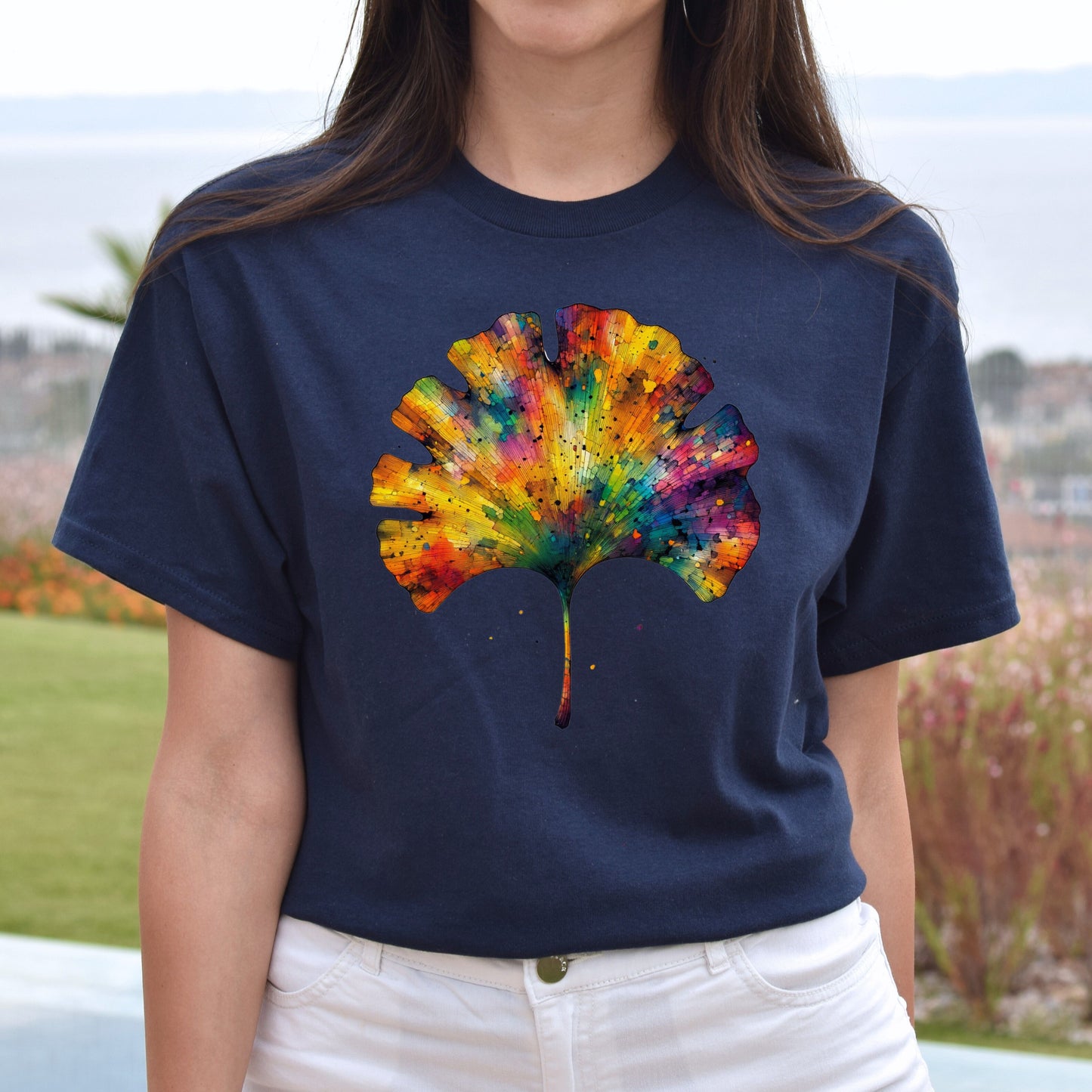 Cool Ginkgo Leaf Color Splash Unisex T-shirt Black Navy Dark Heather-Navy-Family-Gift-Planet
