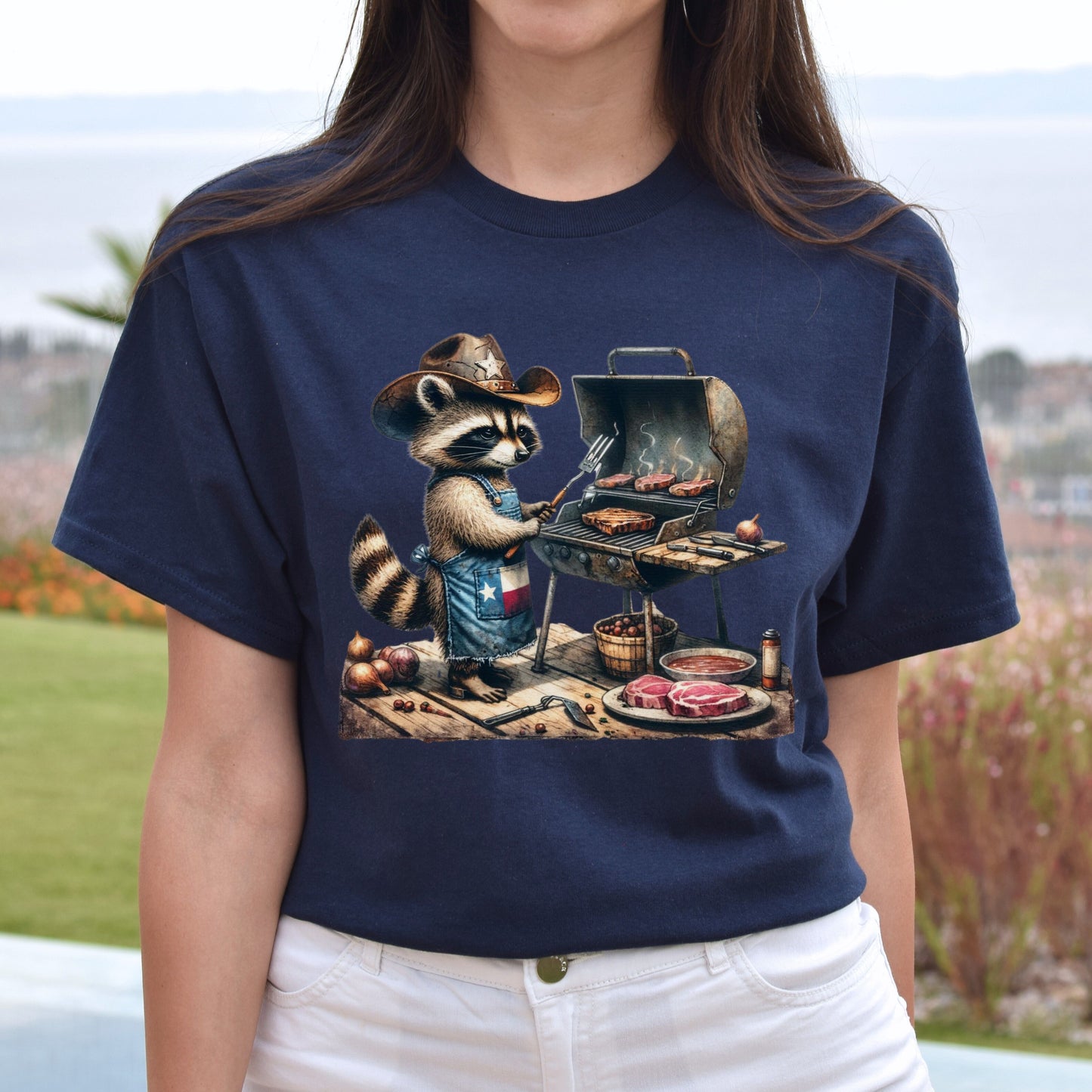 Funny Texas Barbeque Unisex T-shirt bbq racoon tee Black Navy Dark Heather-Navy-Family-Gift-Planet