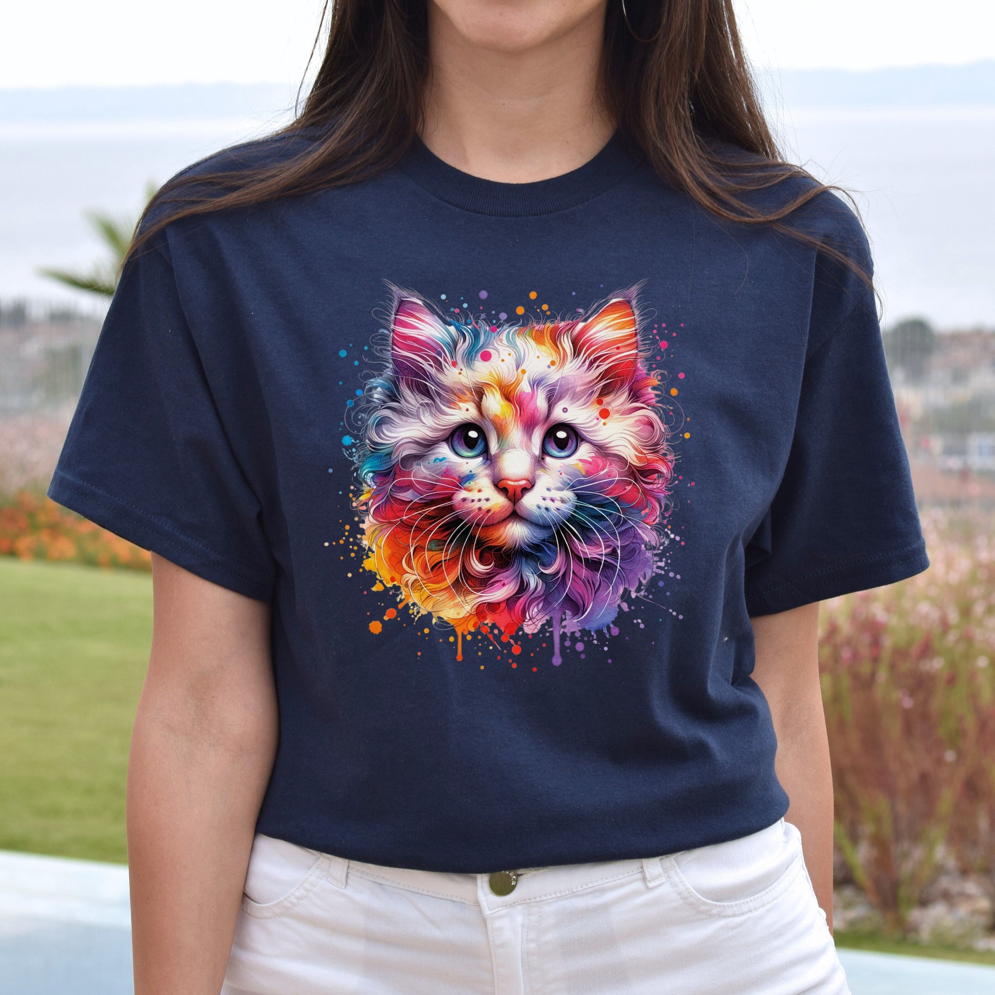American Curl Cat Color Splash Unisex T-Shirt Black Navy Dark Heather-Navy-Family-Gift-Planet