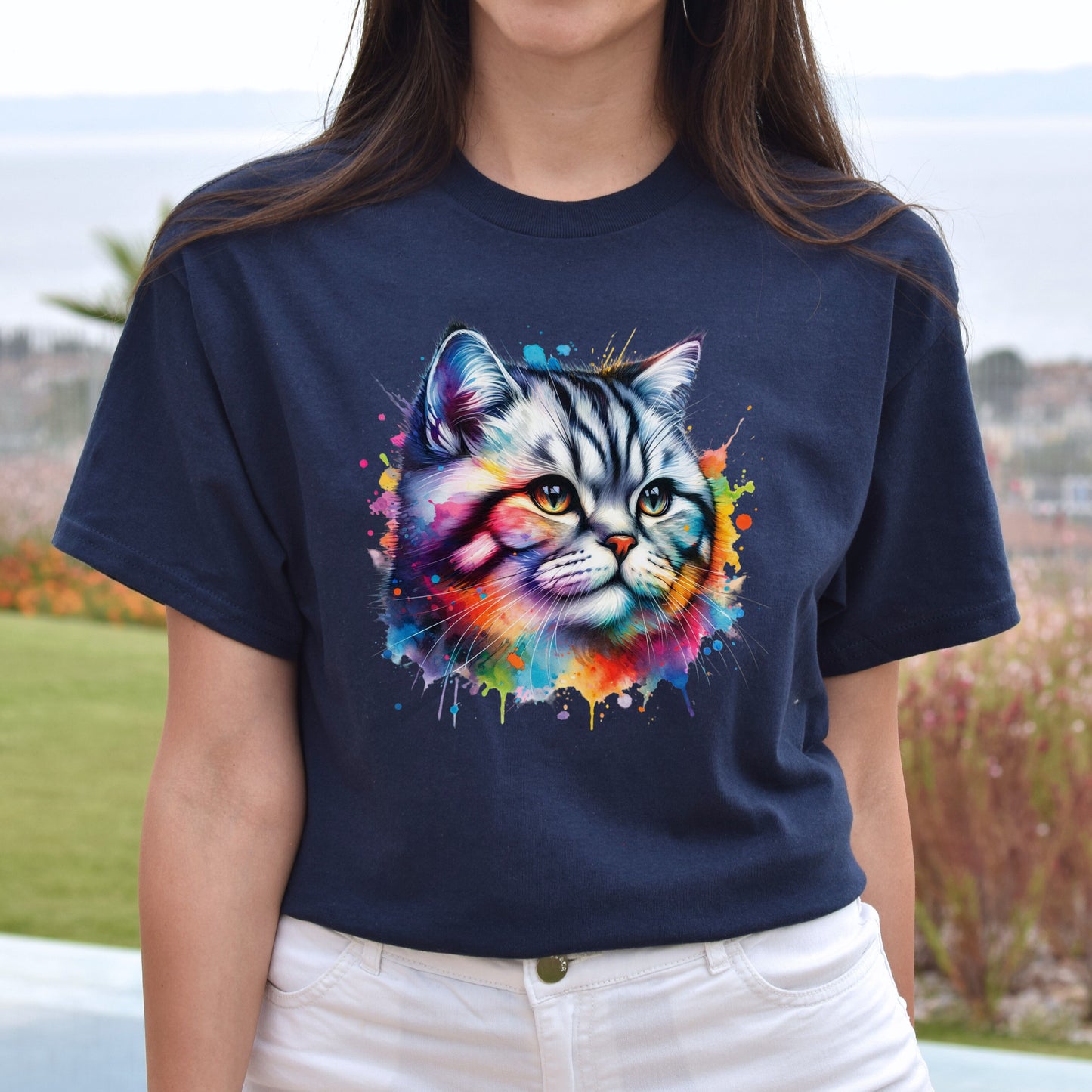 American Shorthair Cat Color Splash Unisex T-Shirt Black Navy Dark Heather-Navy-Family-Gift-Planet