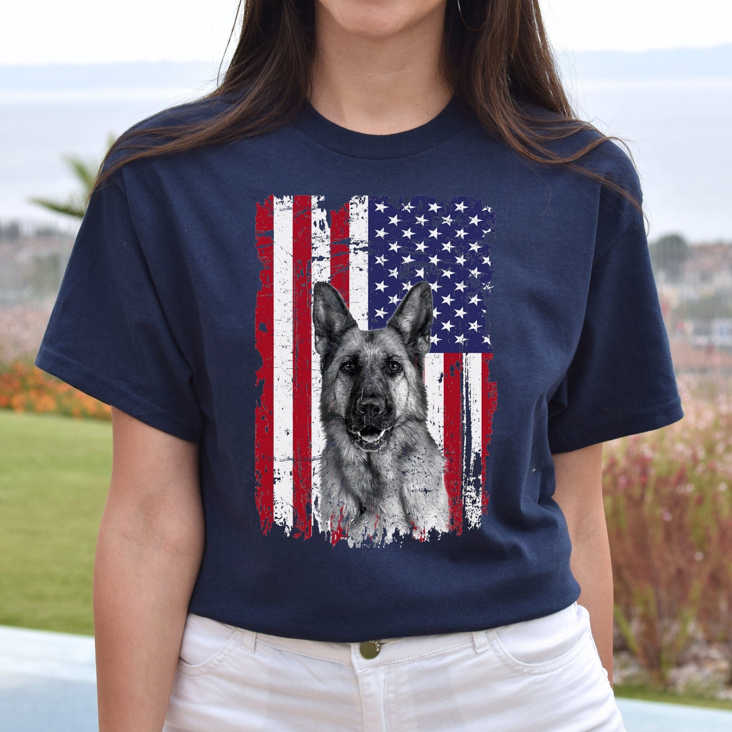 American flag German shepherd Unisex t-shirt gift black navy dark heather-Navy-Family-Gift-Planet