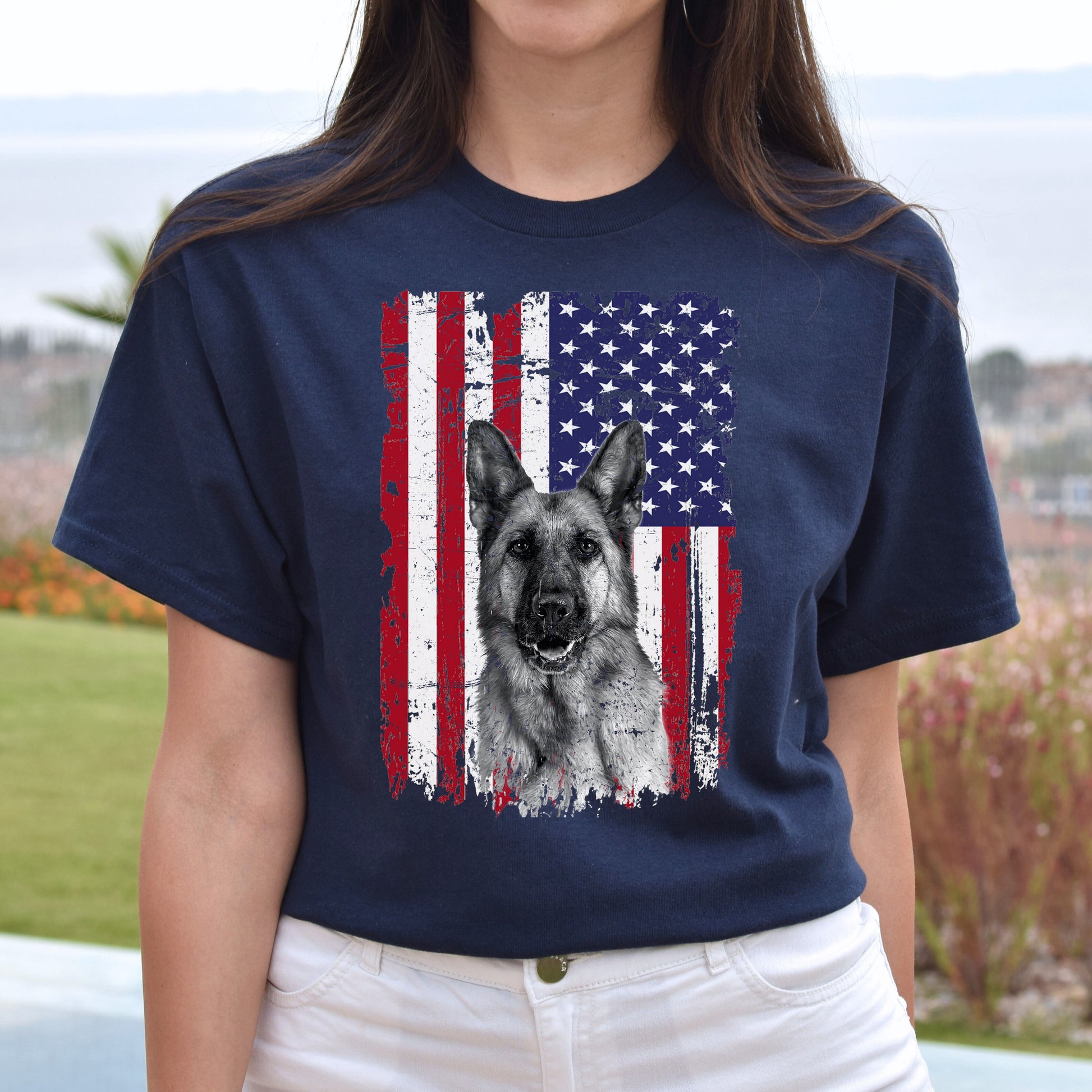 American flag German shepherd Unisex t-shirt gift black navy dark heather-Navy-Family-Gift-Planet