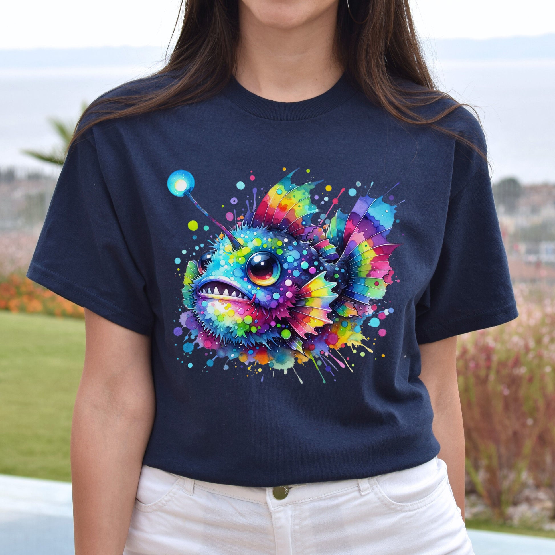 Anglerfish lover Color Splash Unisex T-shirt Black Navy Dark Heather-Navy-Family-Gift-Planet