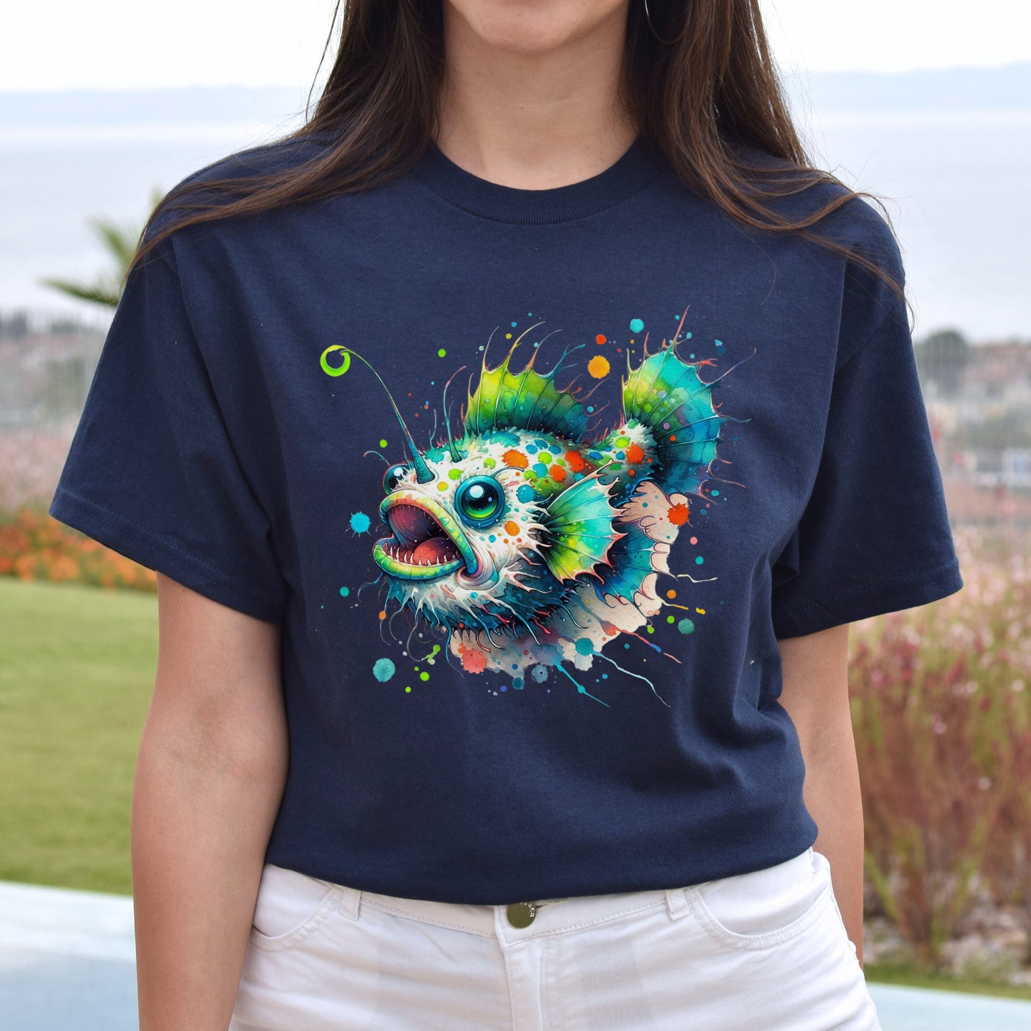 Artistic Anglerfish deep fish Color Splash Unisex T-shirt Black Navy Dark Heather-Navy-Family-Gift-Planet