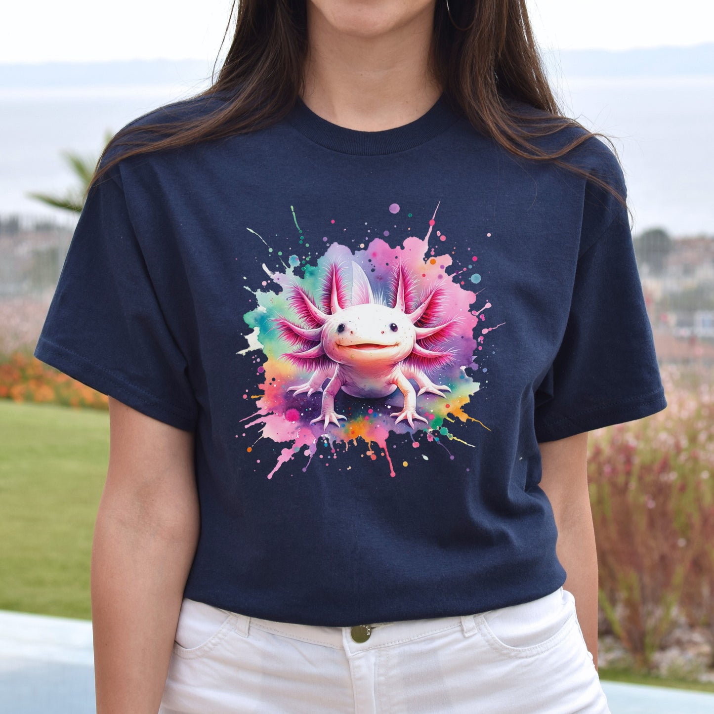 Axolotl Color Splash Unisex T-Shirt Black Navy Dark Heather-Navy-Family-Gift-Planet