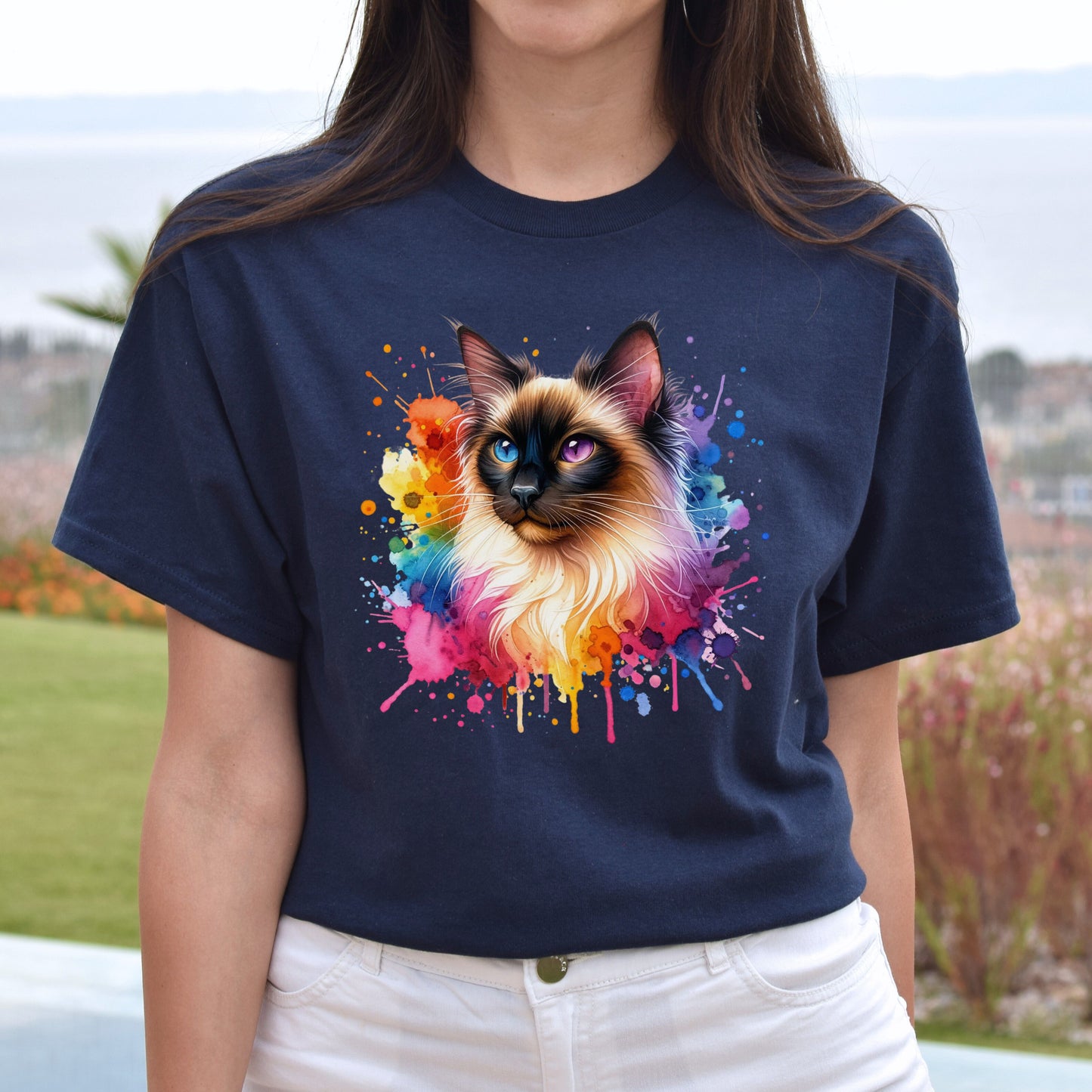 Balinese Cat Color Splash Unisex T-Shirt Black Navy Dark Heather-Navy-Family-Gift-Planet