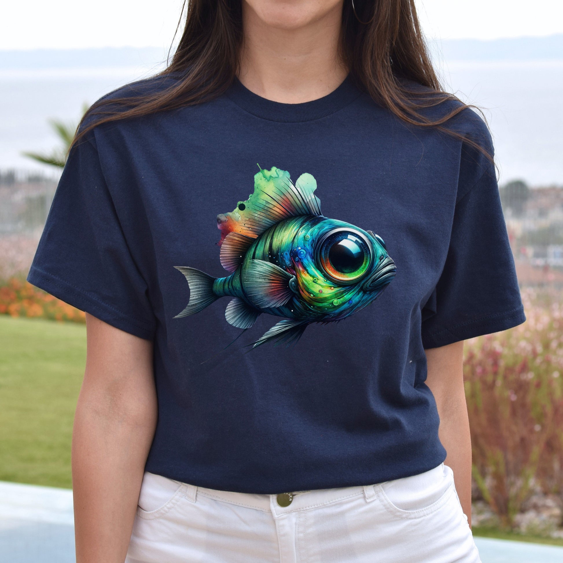 Barreleye Fish spook fish Color Splash Unisex T-shirt Black Navy Dark Heather-Navy-Family-Gift-Planet