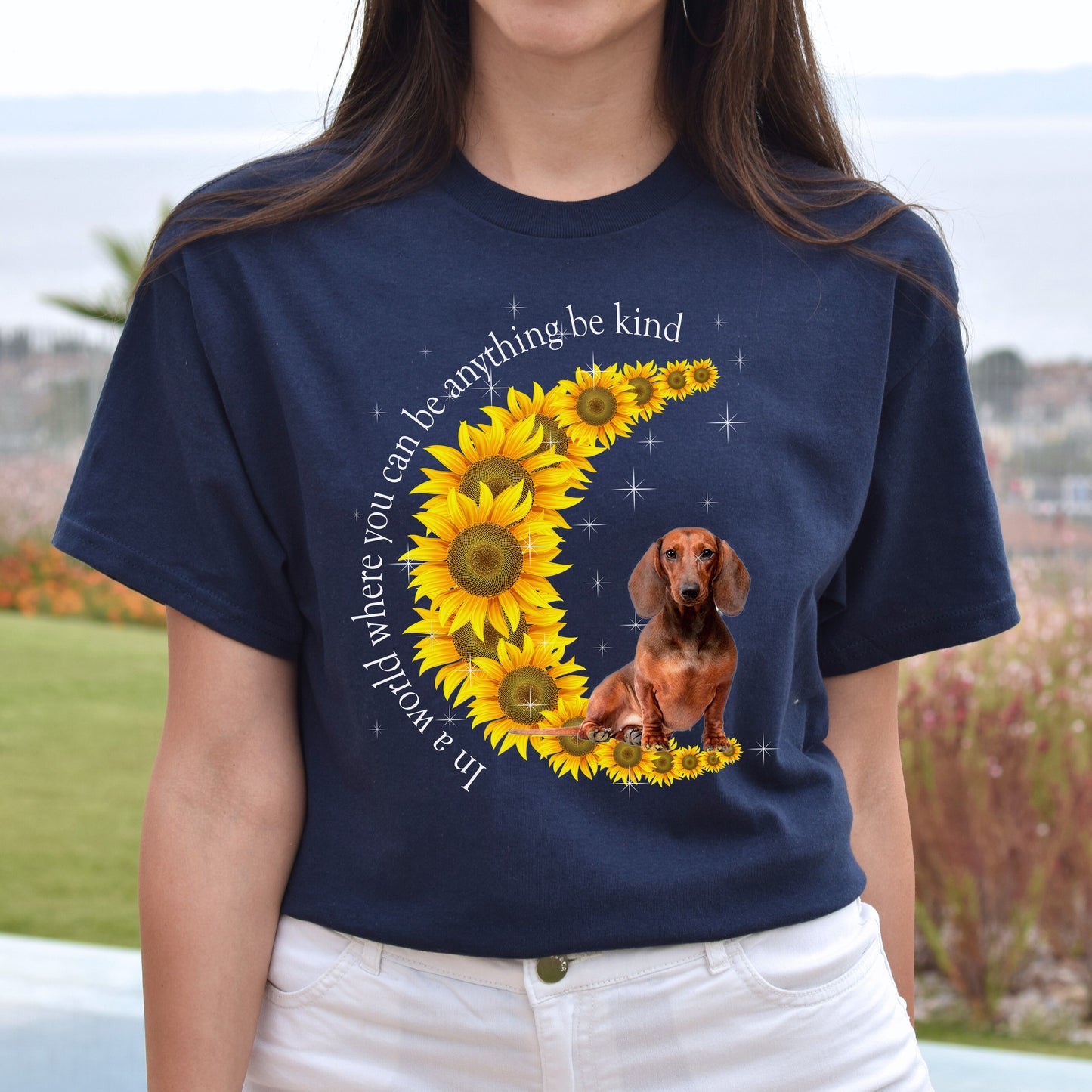 Be kind - dog on sunflower moon Unisex t-shirt gift black navy dark heather-Navy-Family-Gift-Planet