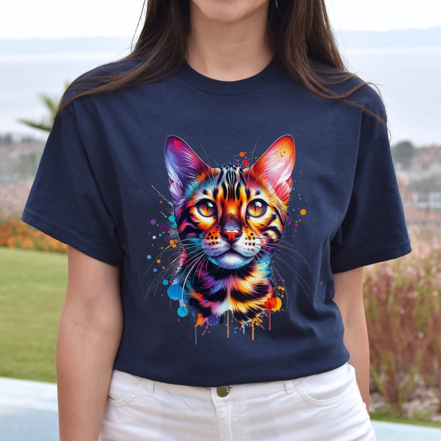 Bengal Cat Color Splash Unisex T-Shirt Black Navy Dark Heather-Navy-Family-Gift-Planet