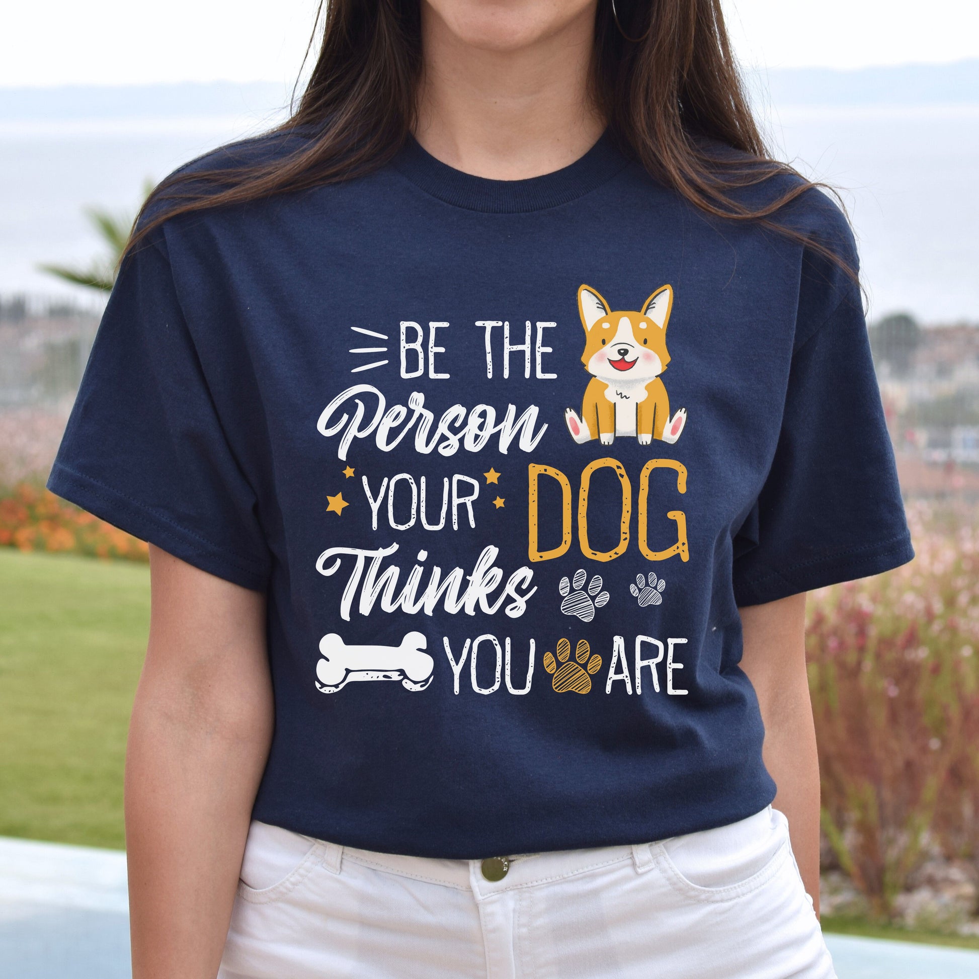 Be the person your dog thinks you are Unisex t-shirt gift black navy dark heather-Navy-Family-Gift-Planet