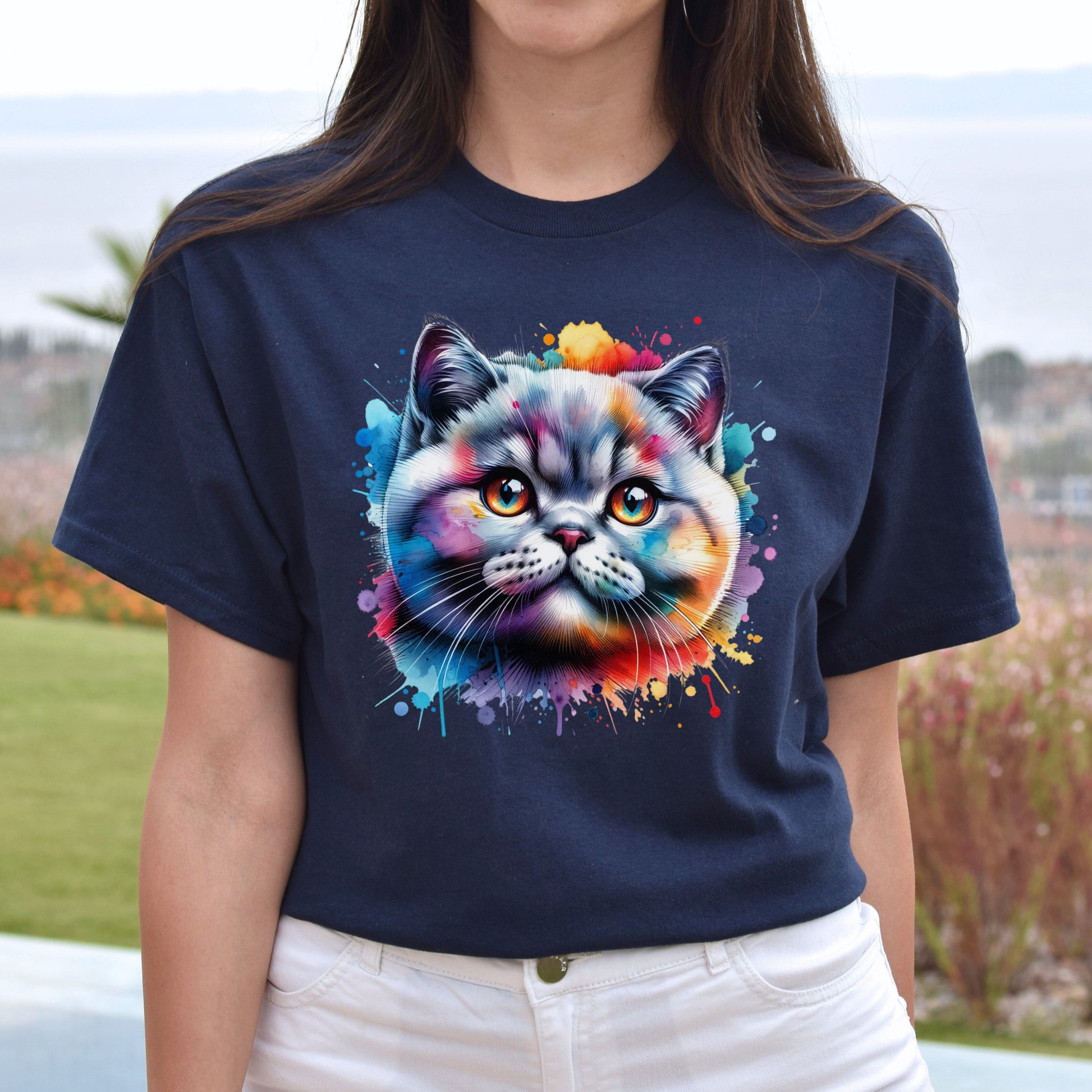 British shorthair Cat Color Splash Unisex T-Shirt Black Navy Dark Heather-Navy-Family-Gift-Planet