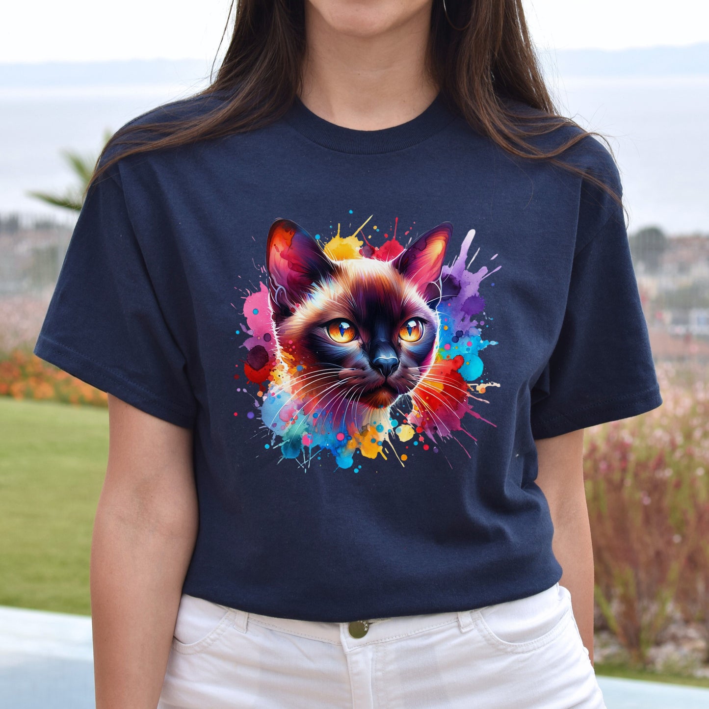 Burmese Cat Color Splash Unisex T-Shirt Black Navy Dark Heather-Navy-Family-Gift-Planet