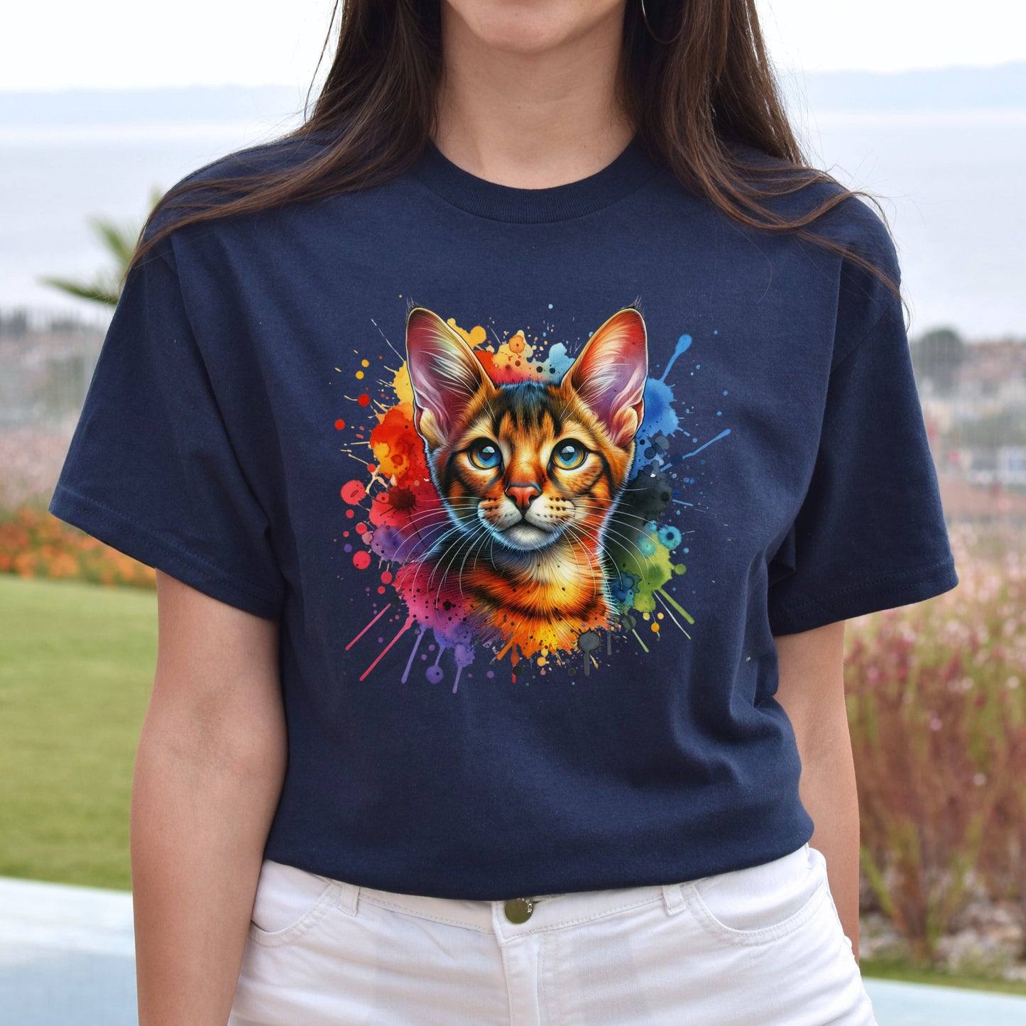 Chausie Cat Color Splash Unisex T-Shirt Black Navy Dark Heather-Navy-Family-Gift-Planet