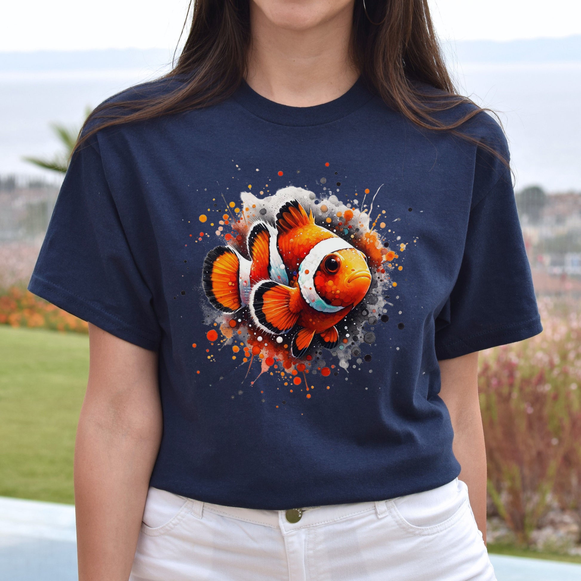 Artistic Clownfish Color Splash Unisex T-shirt Black Navy Dark Heather-Family-Gift-Planet
