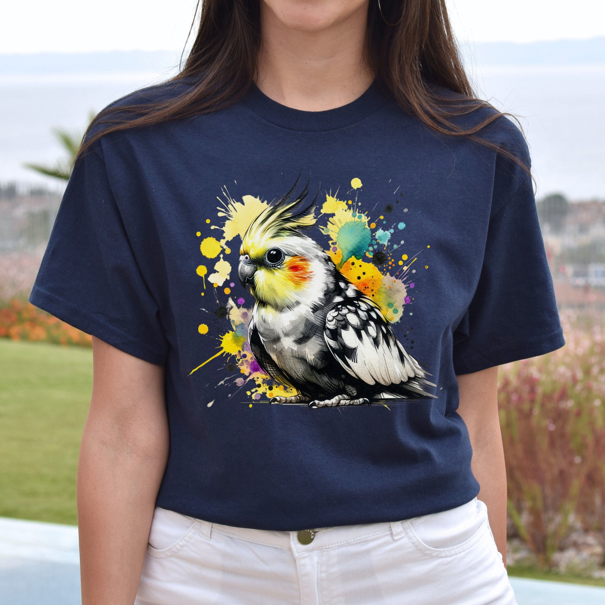 Cockatiel Bird Color Splash Unisex T-Shirt Black Navy Dark Heather-Navy-Family-Gift-Planet