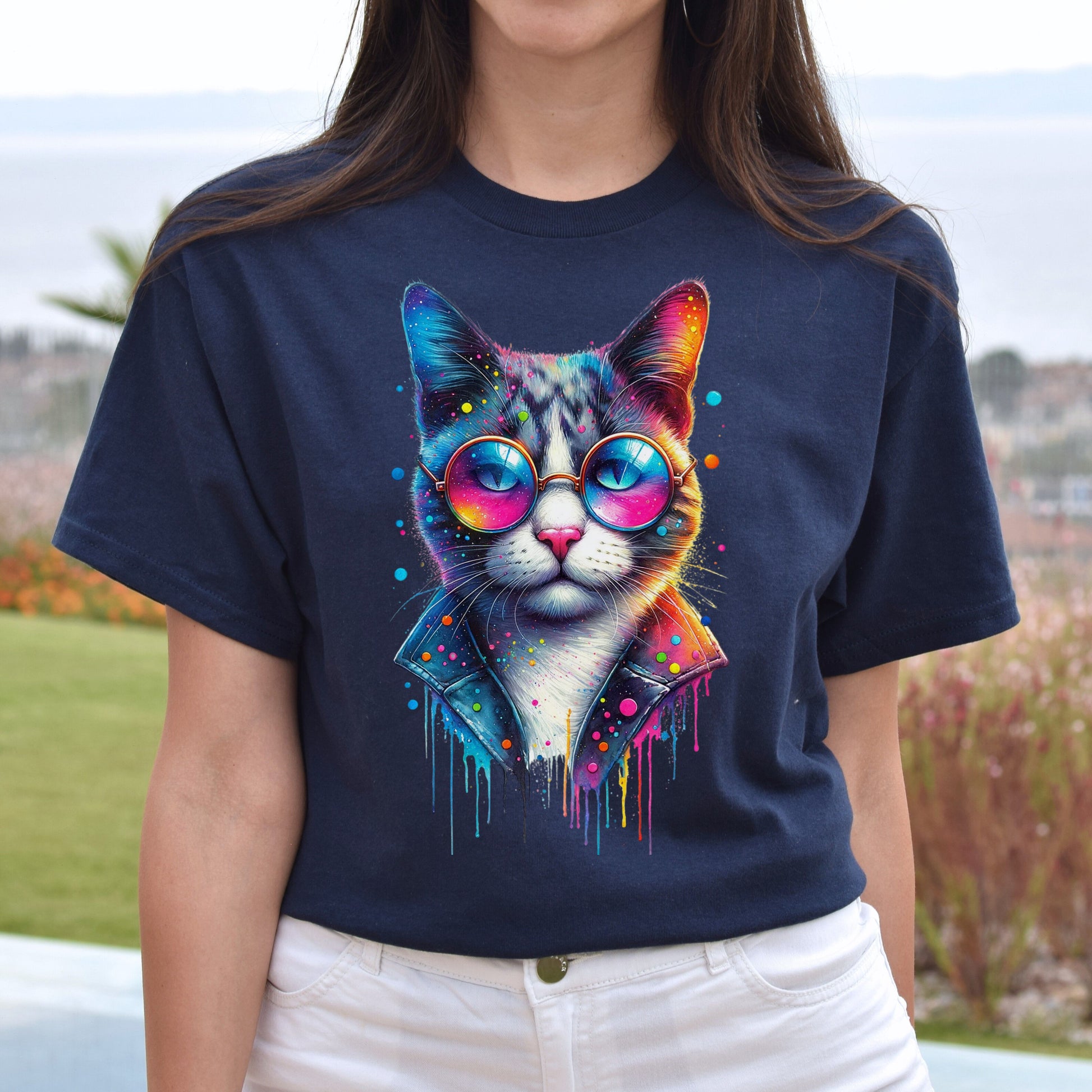 Cool cat with eyeglasses Color Splash Unisex T-shirt Black Navy Dark Heather-Navy-Family-Gift-Planet