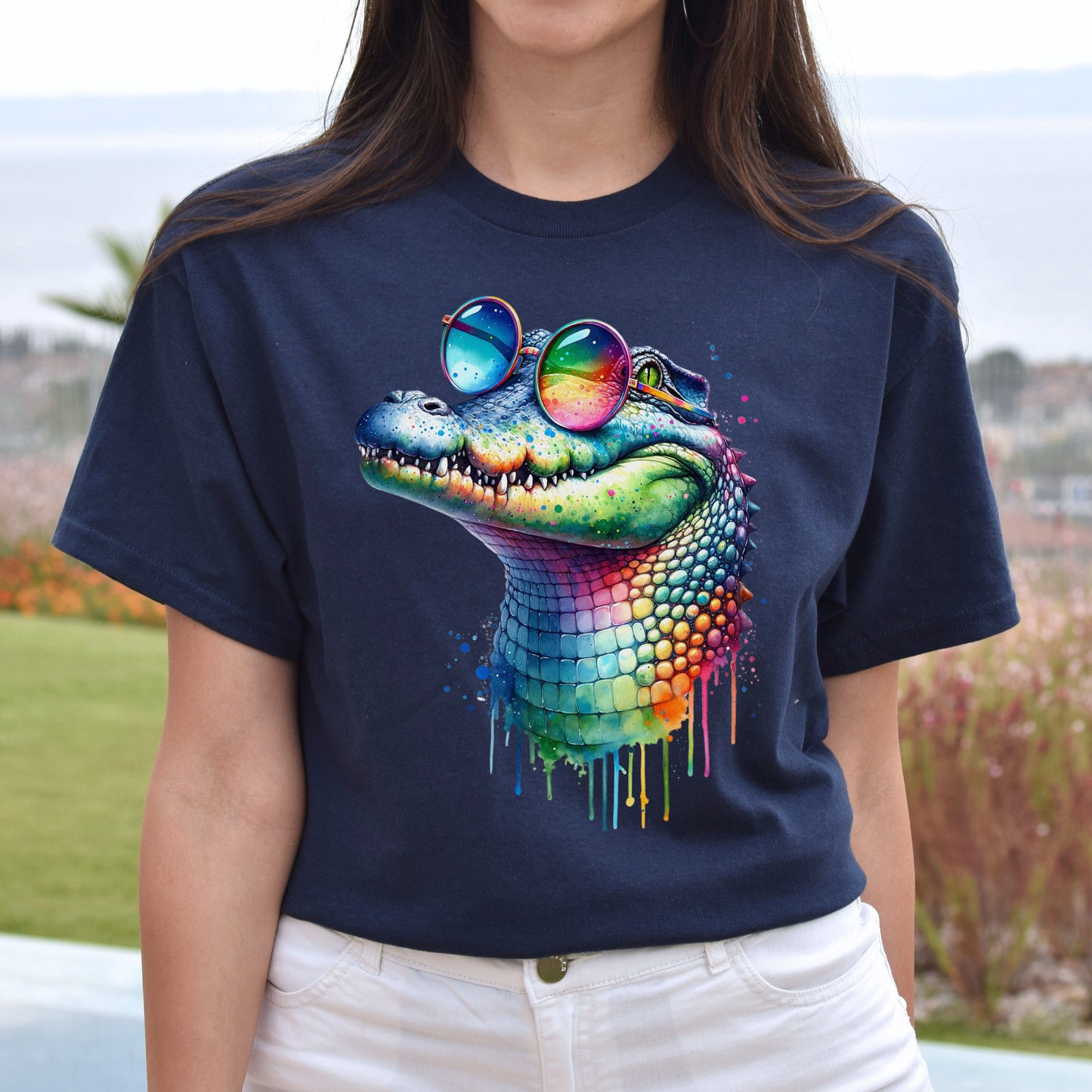 Cool crocodile with eyeglasses Color Splash Unisex T-shirt Black Navy Dark Heather-Family-Gift-Planet