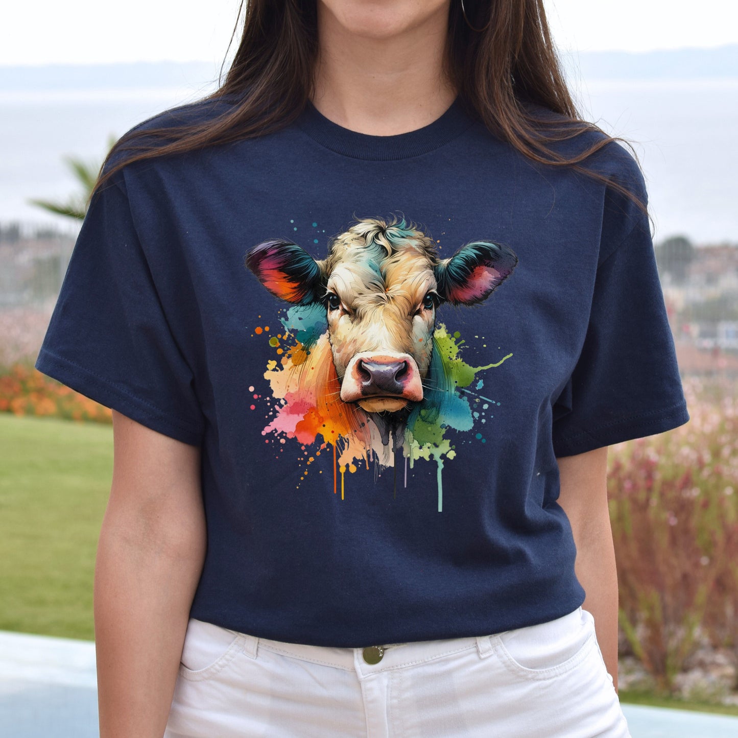 Cow Color Splash Unisex T-Shirt Black Navy Dark Heather-Navy-Family-Gift-Planet