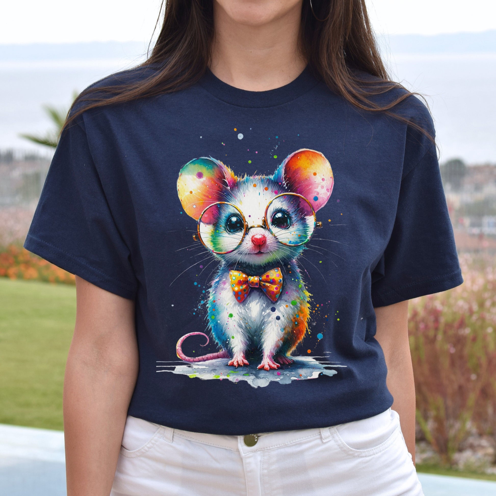 Cute inteligent mouse with glasses Color Splash Unisex T-shirt-Navy-Family-Gift-Planet