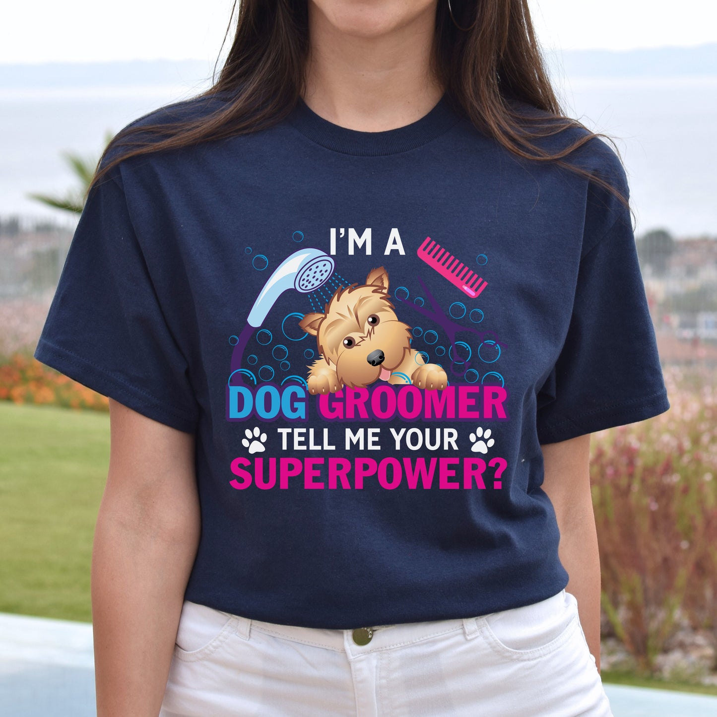 I'm a dog groomer tell me your superpower Unisex t-shirt gift black navy dark heather-Navy-Family-Gift-Planet