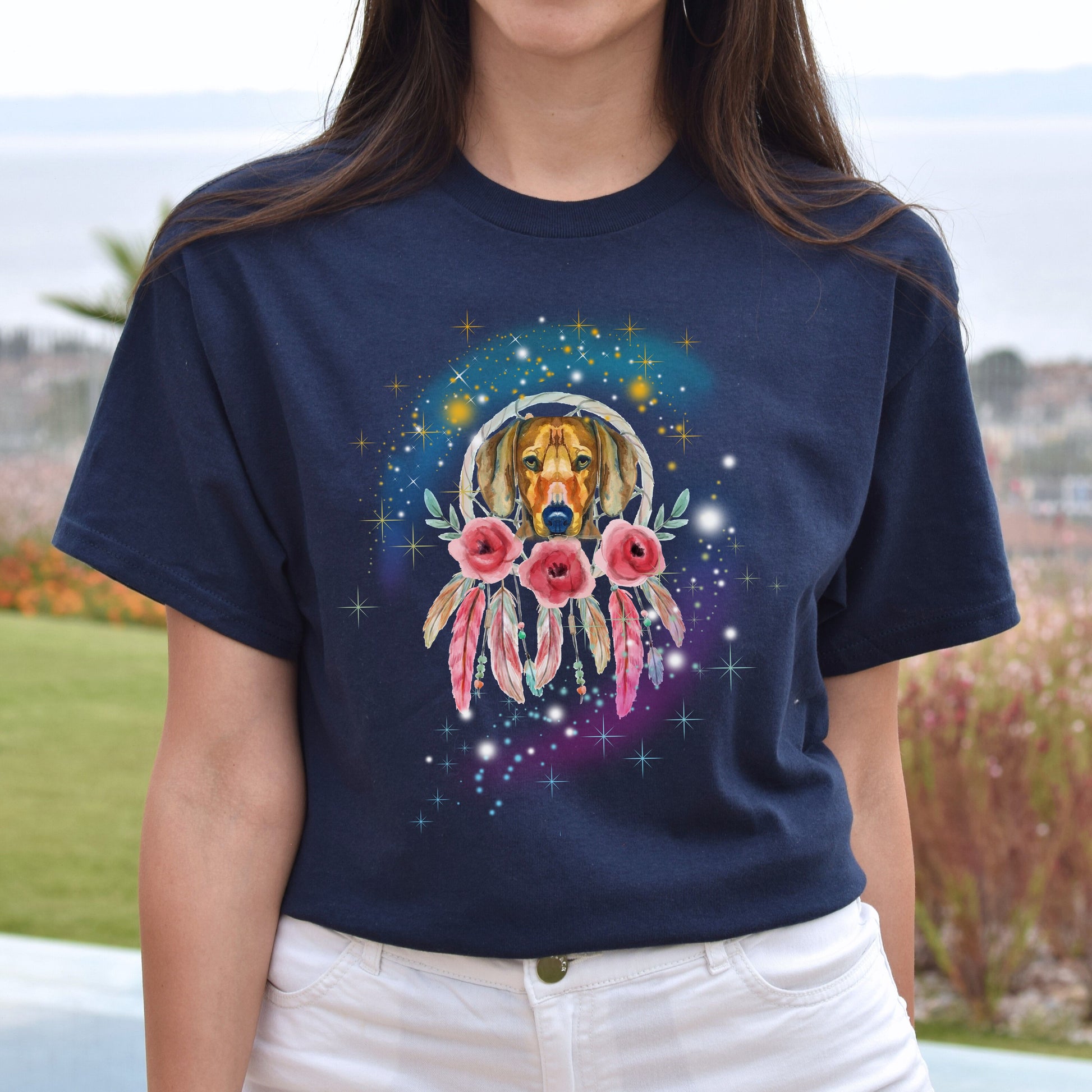 Dreamcatcher dog Unisex t-shirt gift Dream catcher tee black navy dark heather-Navy-Family-Gift-Planet