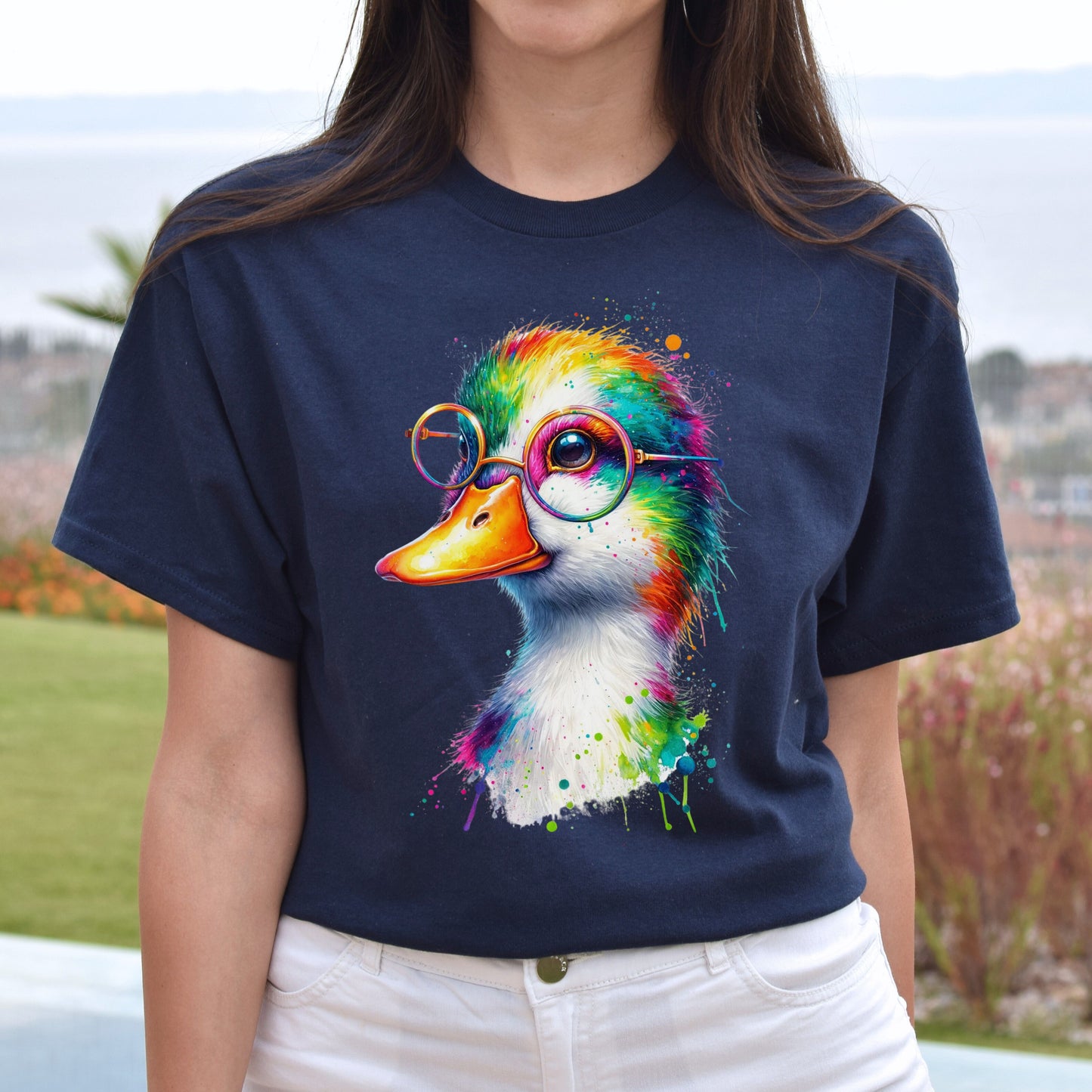 Duck with Eyeglasses Color Splash Unisex T-shirt Black Navy Dark Heather-Navy-Family-Gift-Planet