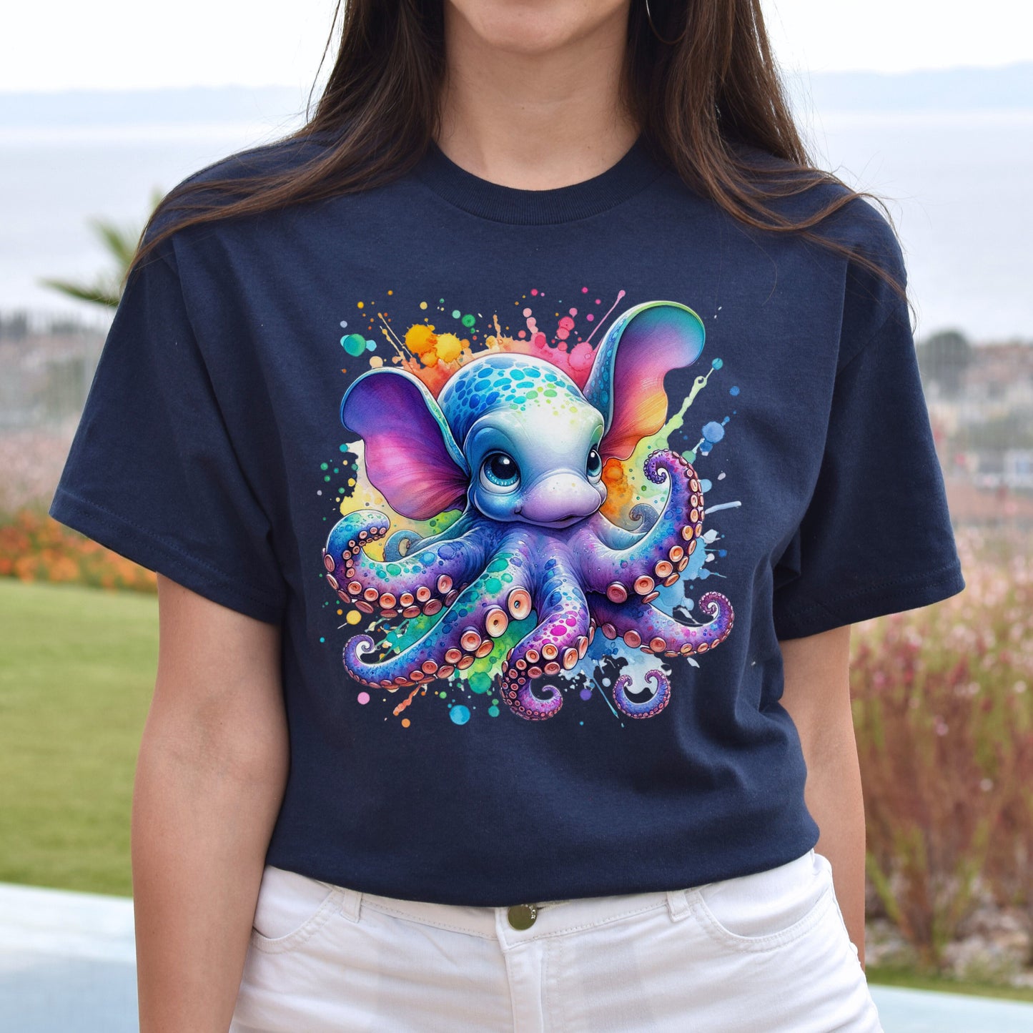 Artistic Dumbo Octopus Color Splash Unisex T-shirt Black Navy Dark Heather-Family-Gift-Planet