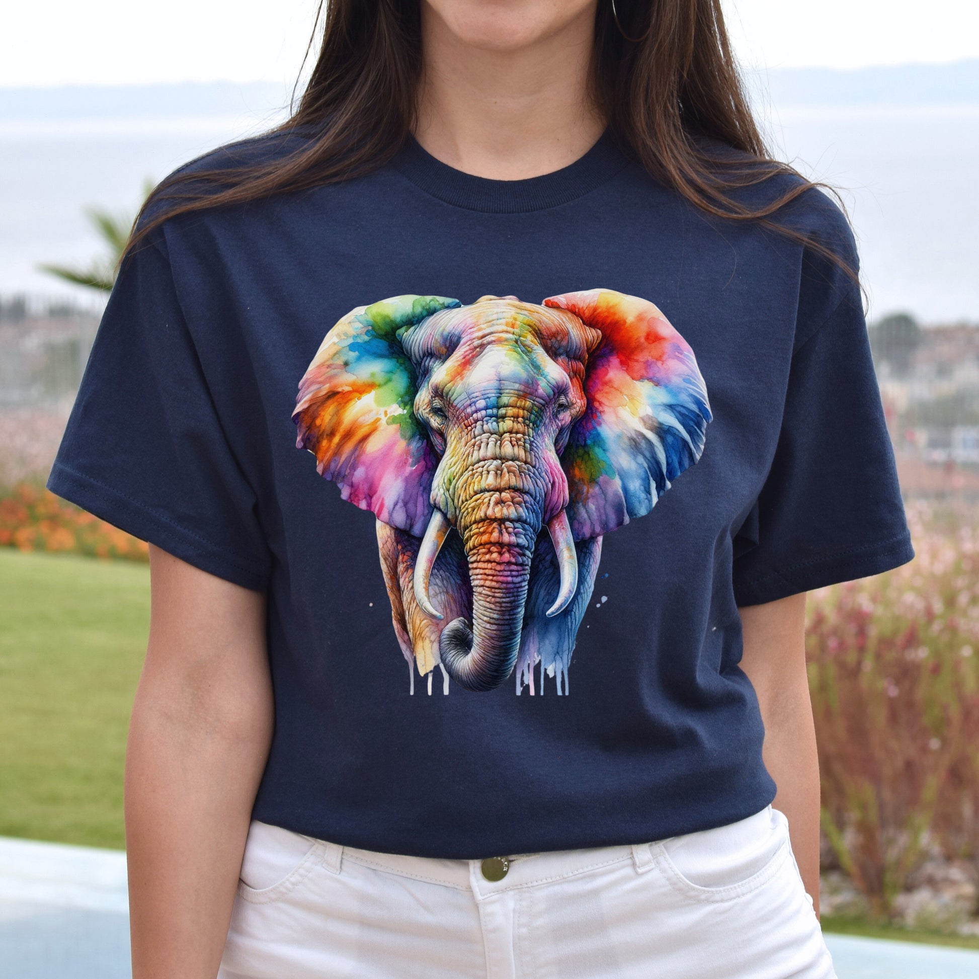 Artistic Elephant Color Splash Unisex T-shirt Black Navy Dark Heather-Navy-Family-Gift-Planet