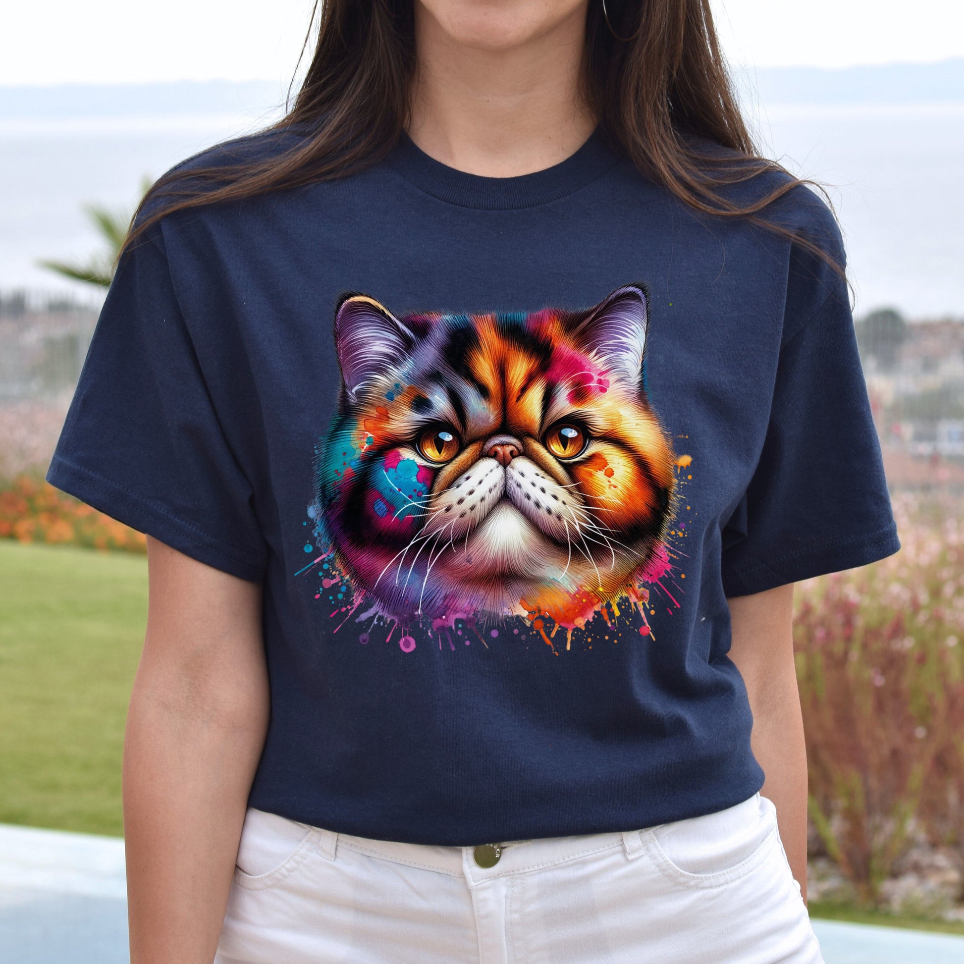 Exotic Shorthair Cat Color Splash Unisex T-Shirt Black Navy Dark Heather-Navy-Family-Gift-Planet